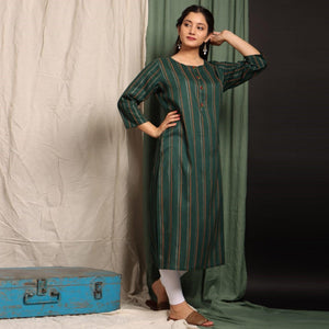 Teal Blue Casual Wear Stripes Printed Cotton Kurti - Peachmode