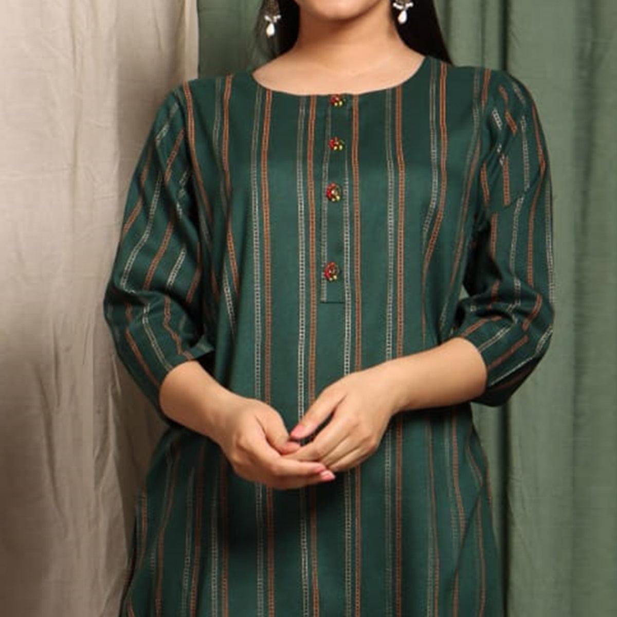 Teal Blue Casual Wear Stripes Printed Cotton Kurti - Peachmode
