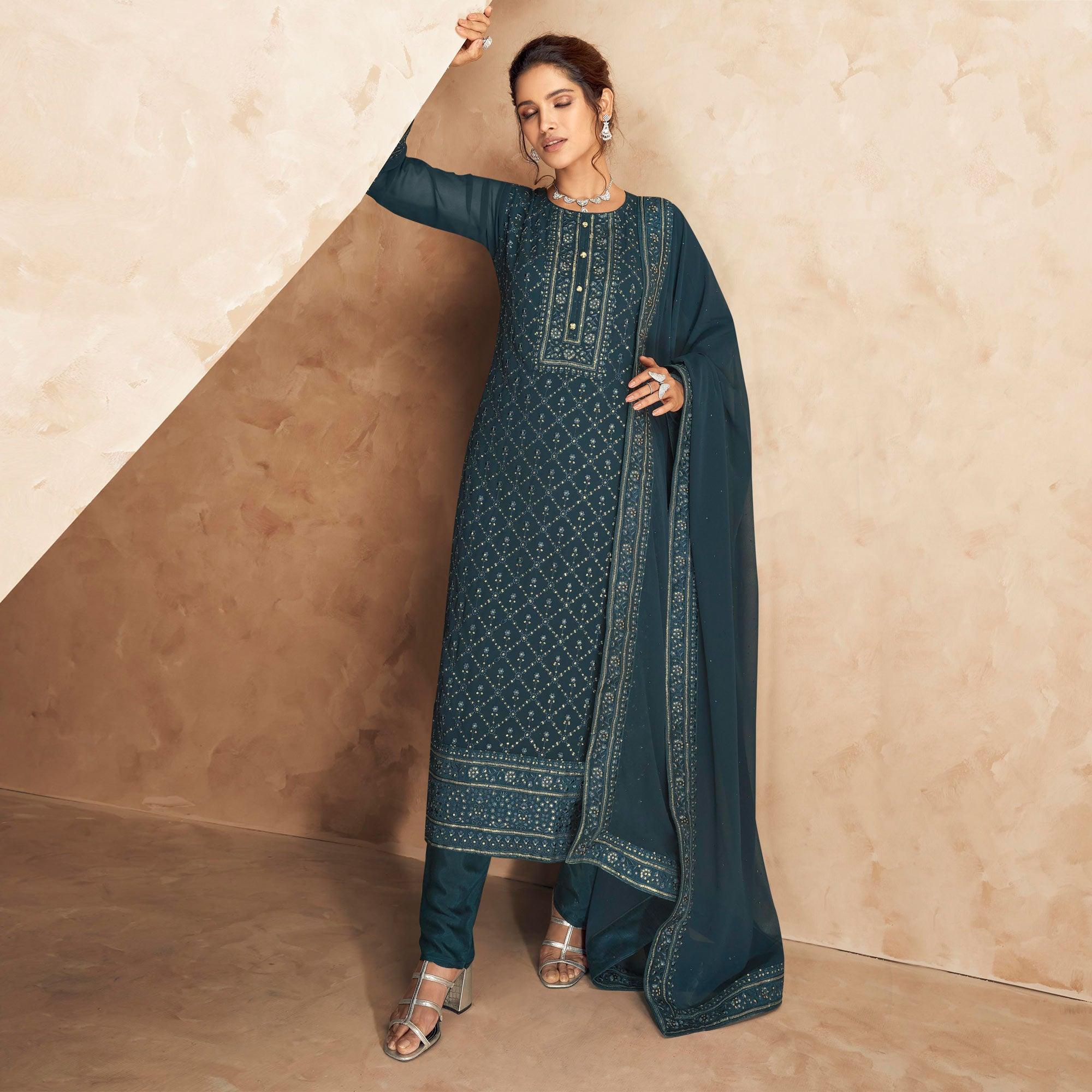 Teal Blue Embellished Partywear Embroidered Heavy Faux Georgette Suit - Peachmode