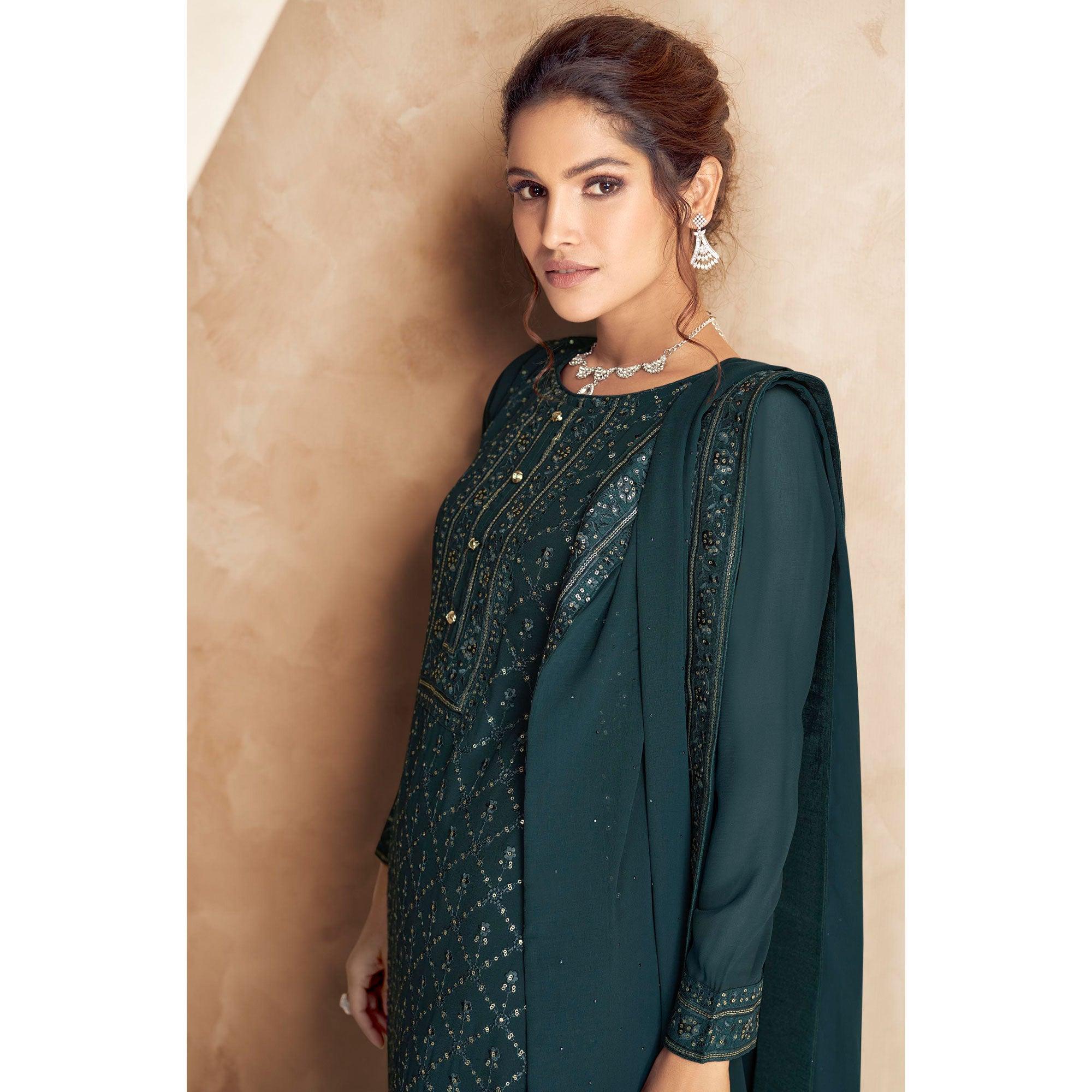 Teal Blue Embellished Partywear Embroidered Heavy Faux Georgette Suit - Peachmode