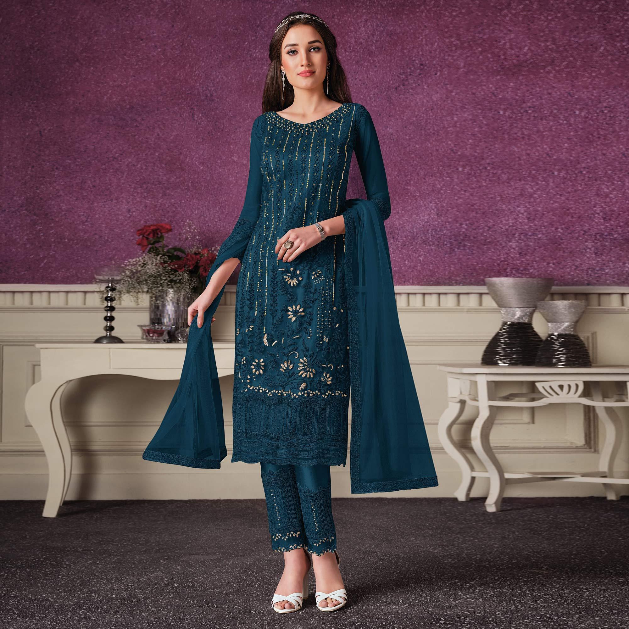 Teal Blue Embroidered Butterfly Net Partywear Suit - Peachmode