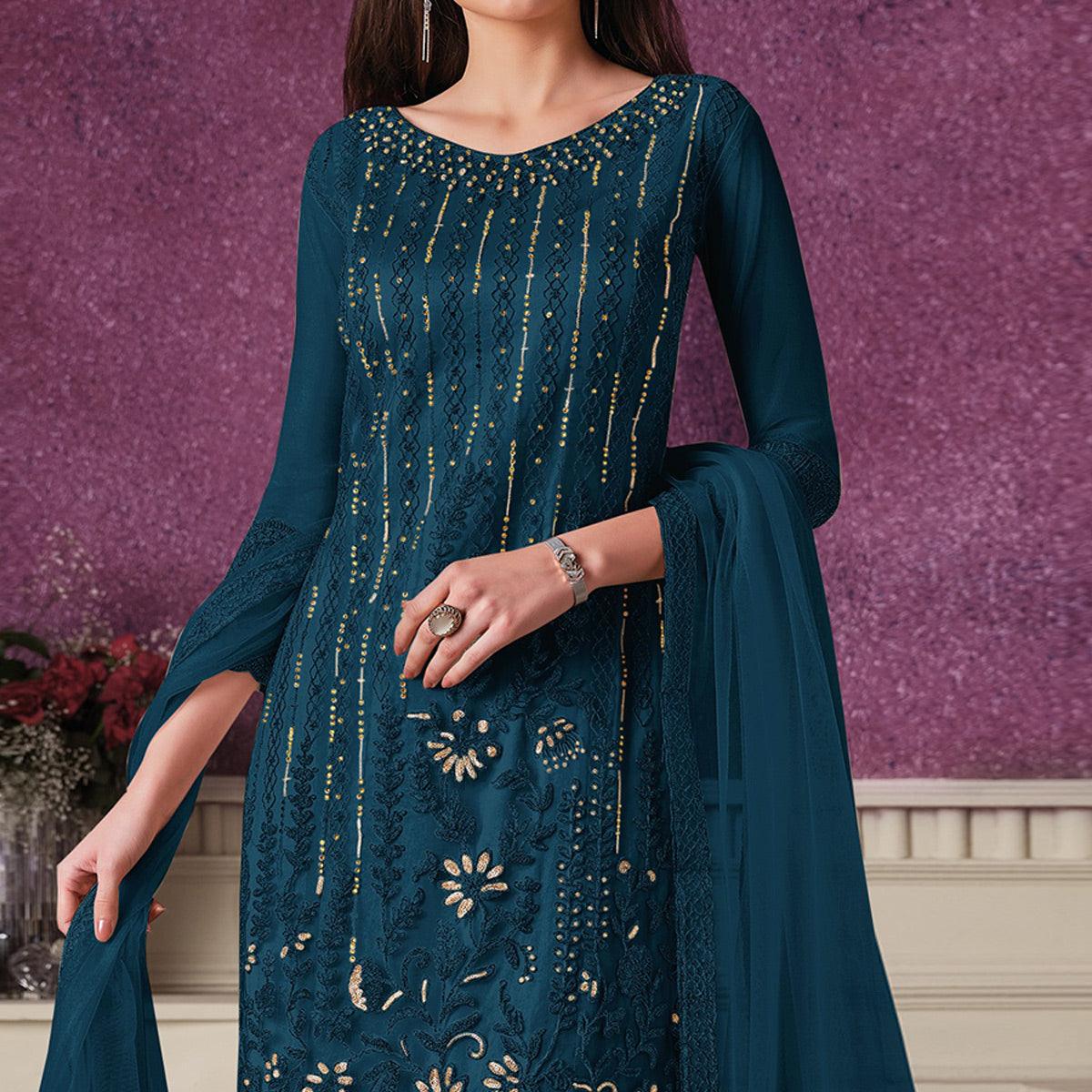 Teal Blue Embroidered Butterfly Net Partywear Suit - Peachmode