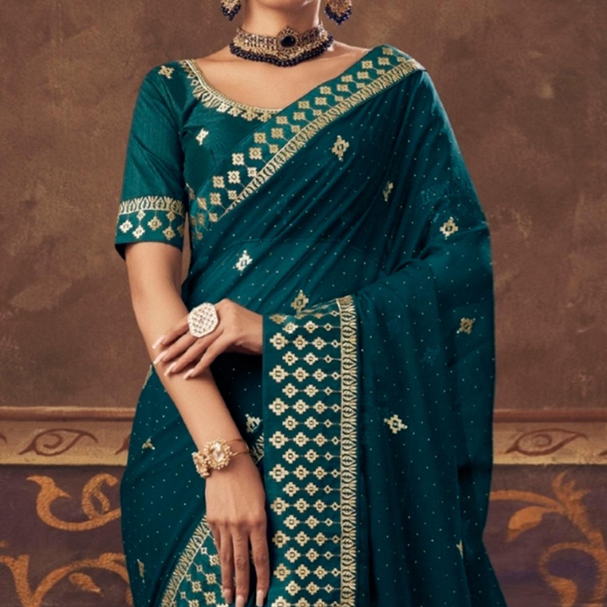 Teal Blue Embroidered Chiffon Saree - Peachmode