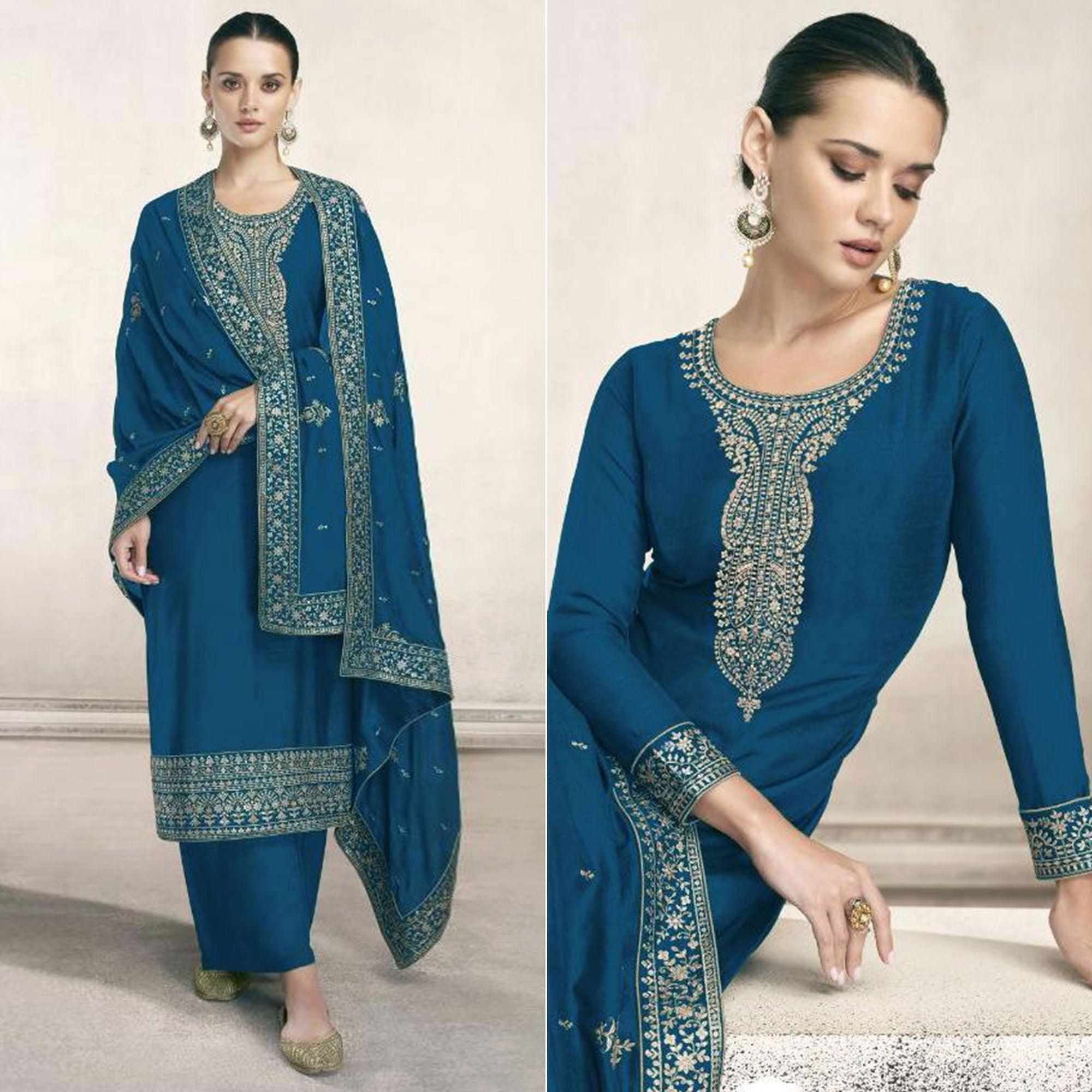 Teal Blue Embroidered Dola Silk Salwar Suit - Peachmode