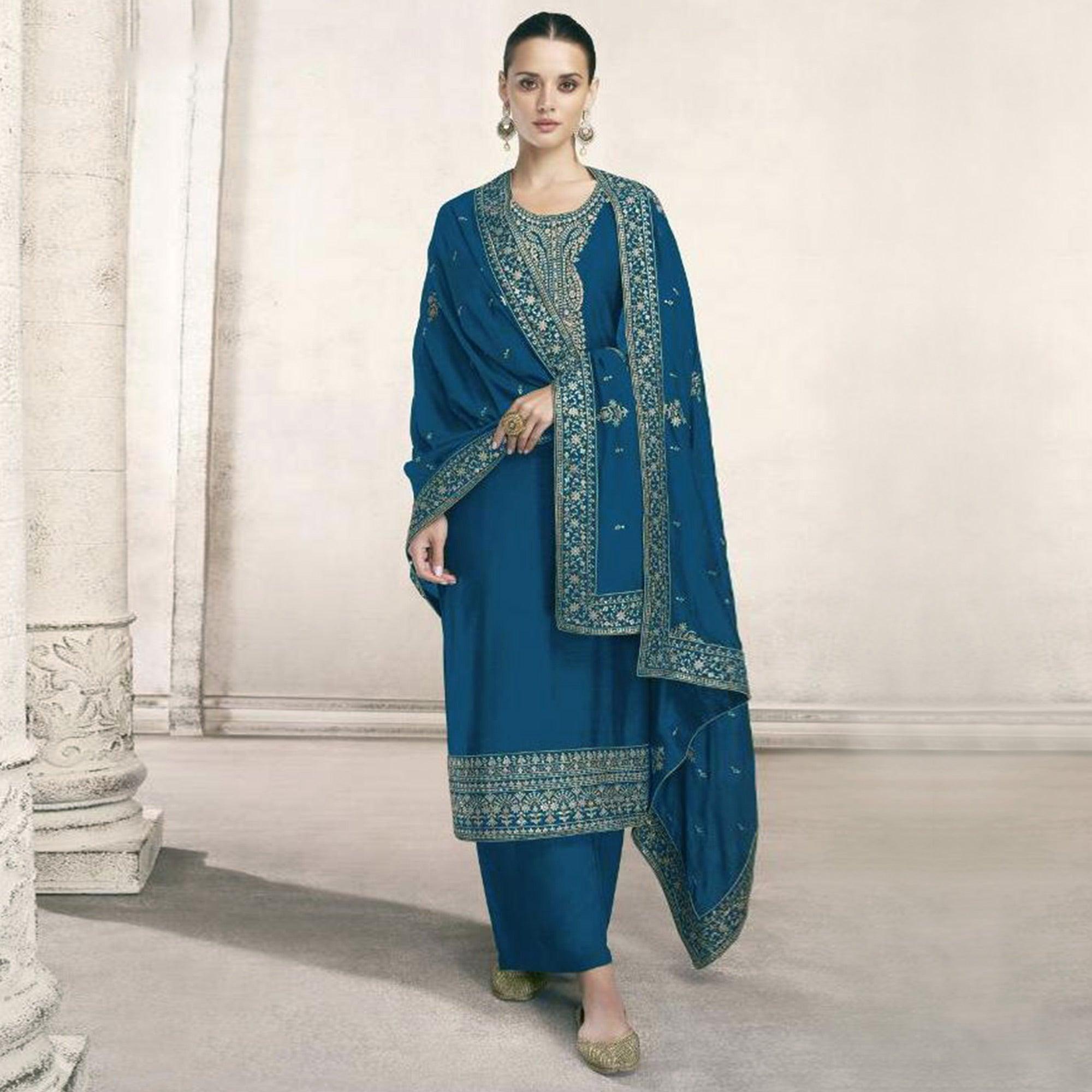 Teal Blue Embroidered Dola Silk Salwar Suit - Peachmode