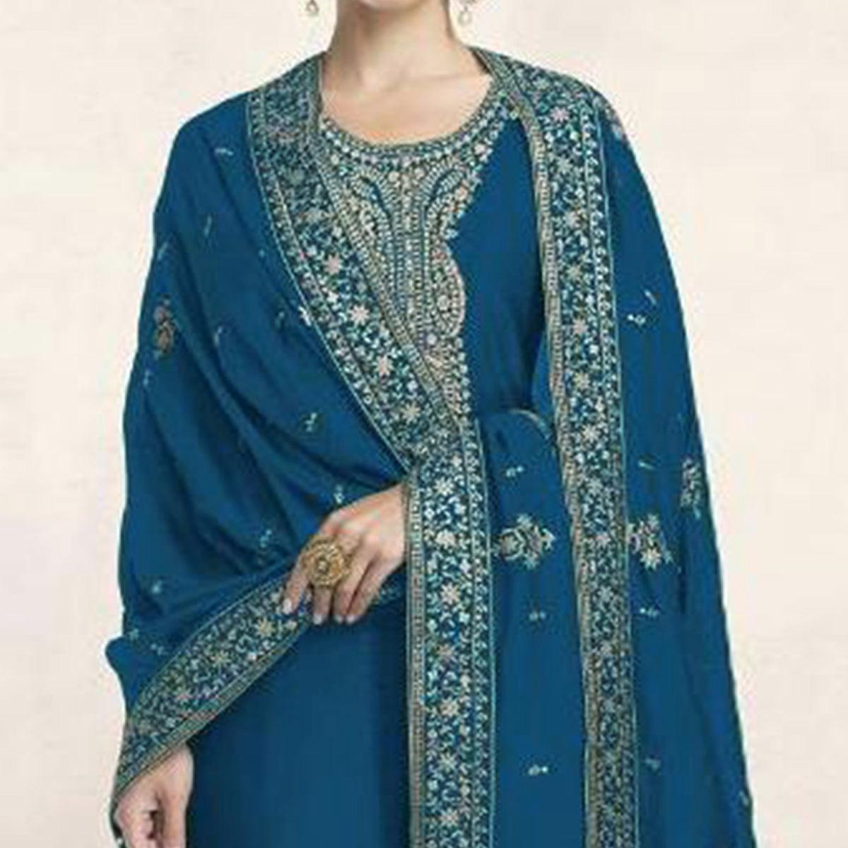 Teal Blue Embroidered Dola Silk Salwar Suit - Peachmode
