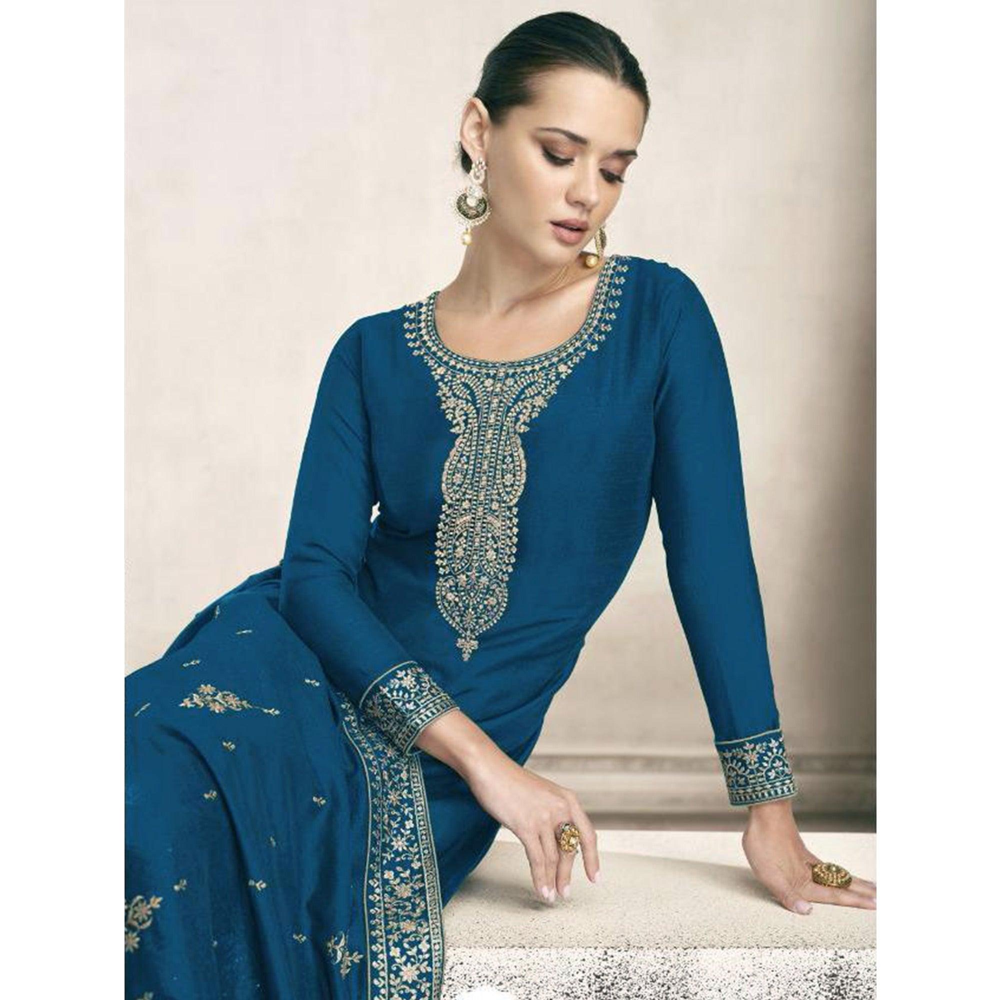 Teal Blue Embroidered Dola Silk Salwar Suit - Peachmode