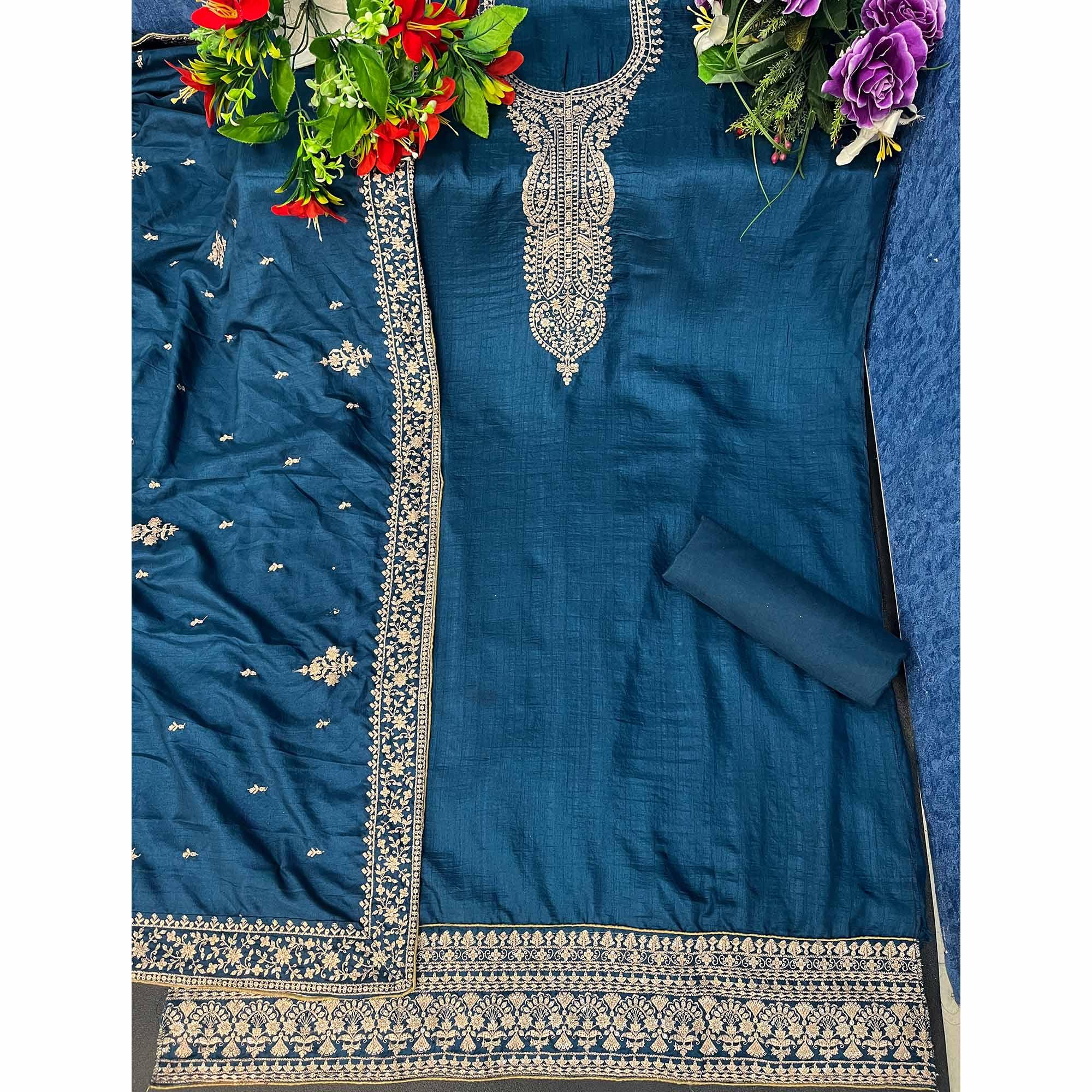 Teal Blue Embroidered Dola Silk Salwar Suit - Peachmode