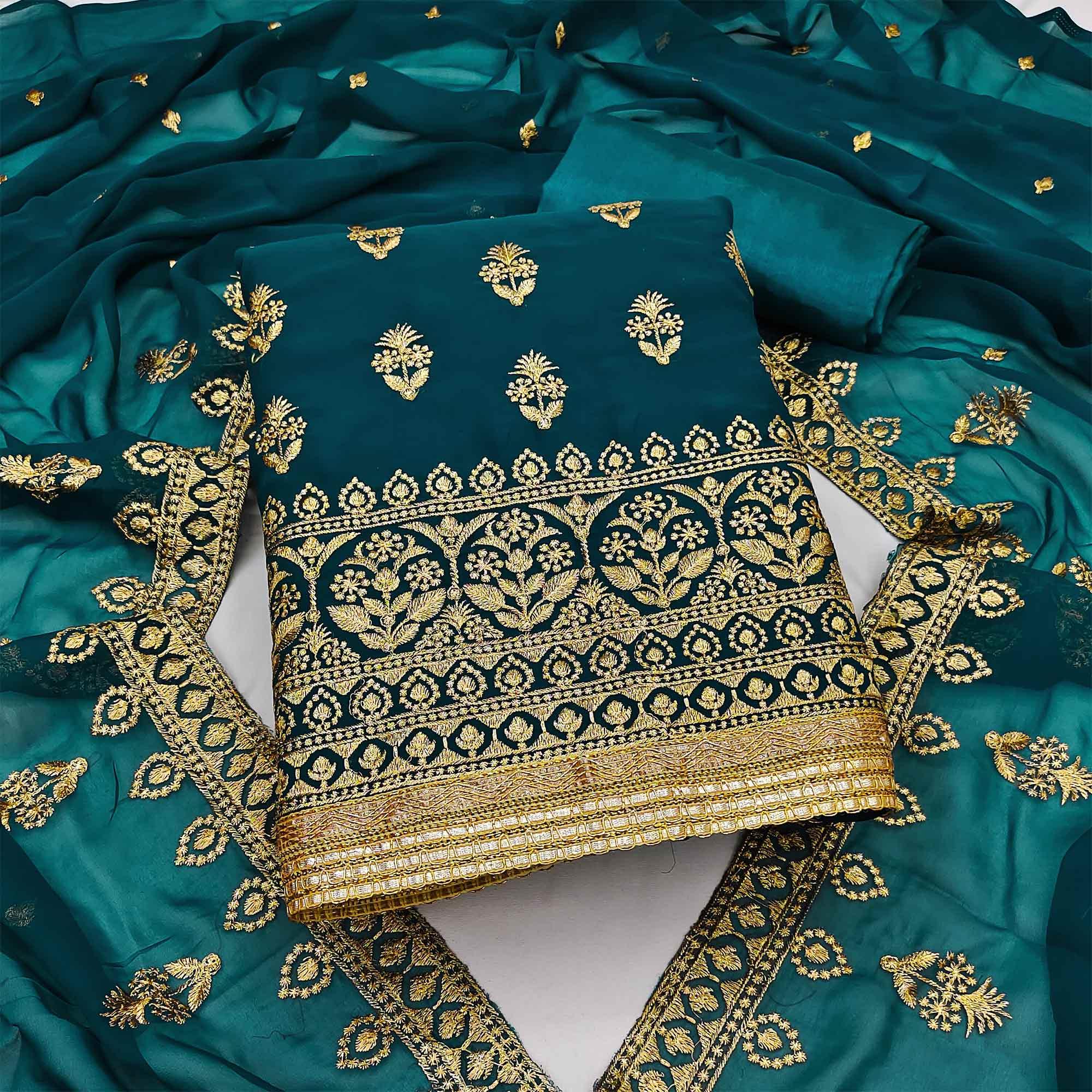 Teal Blue Embroidered Georgette Dress Material - Peachmode