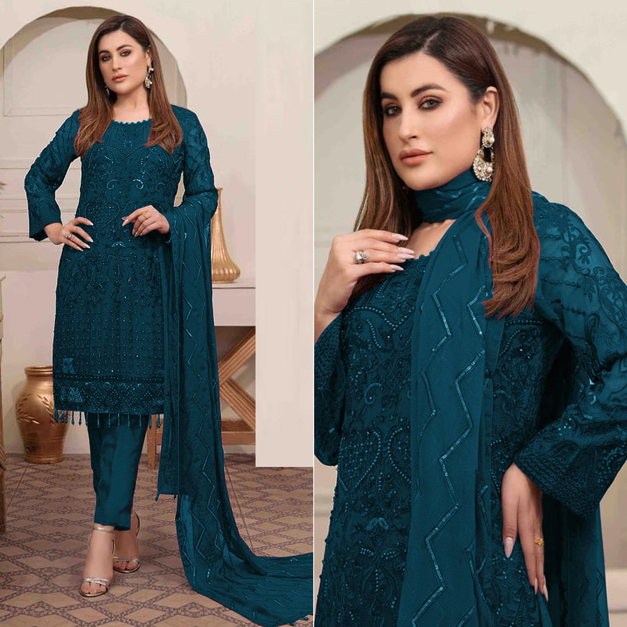 Teal Blue Embroidered Georgette Pakistani Suit - Peachmode