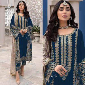 Teal Blue Embroidered Georgette Pakistani Suit - Peachmode