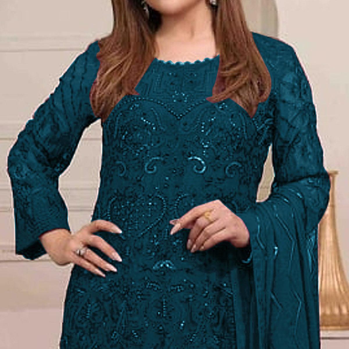 Teal Blue Embroidered Georgette Pakistani Suit - Peachmode