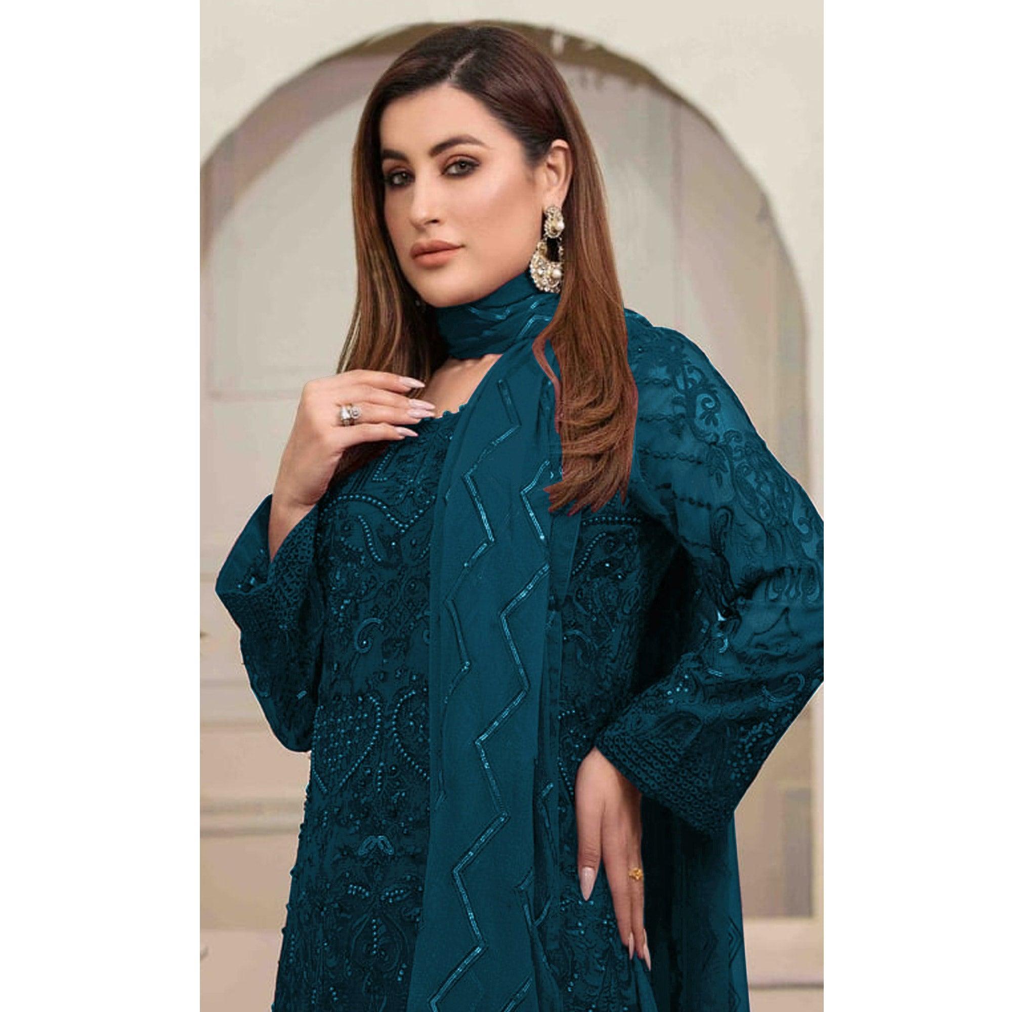 Teal Blue Embroidered Georgette Pakistani Suit - Peachmode