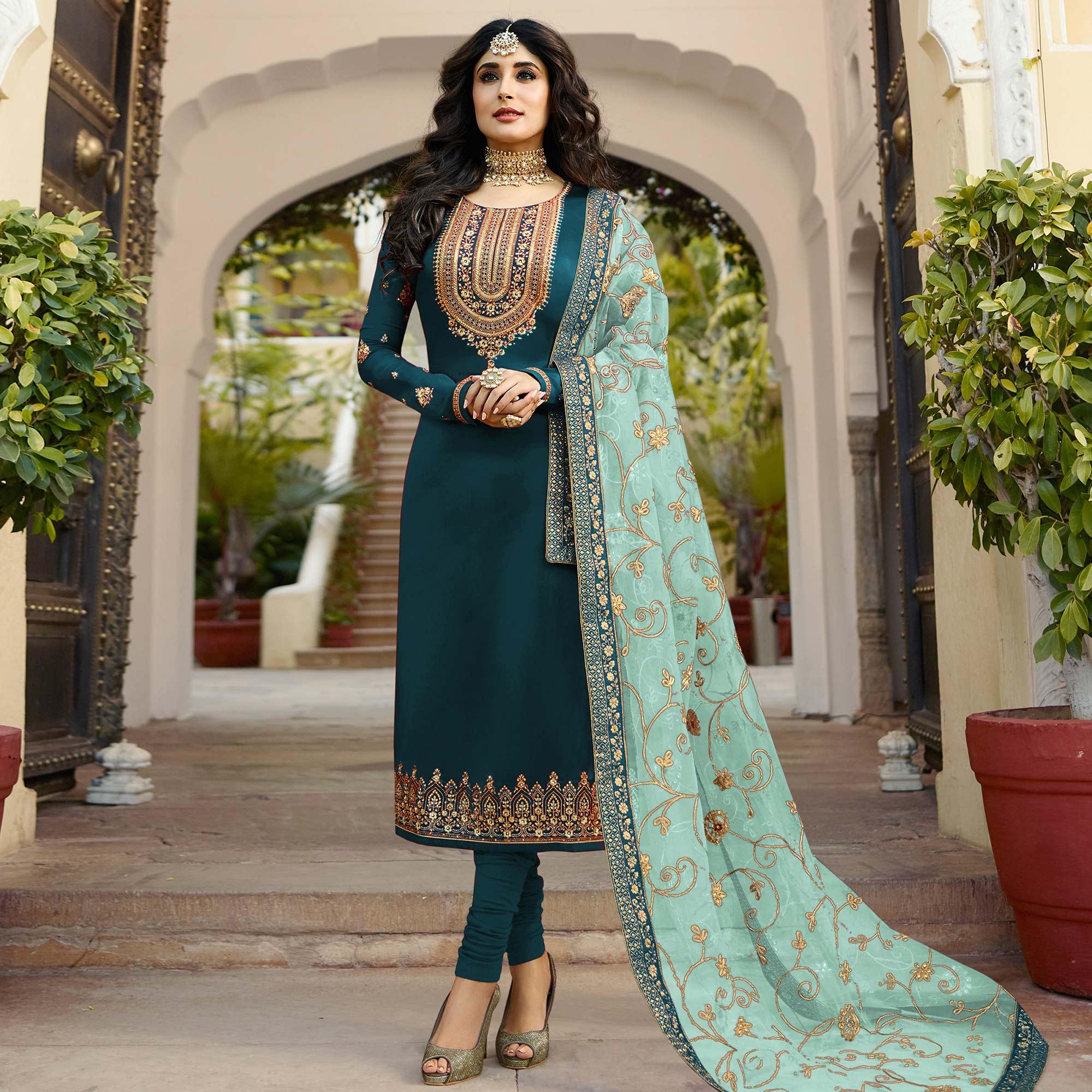 Teal Blue Embroidered Georgette Partywear Suit - Peachmode