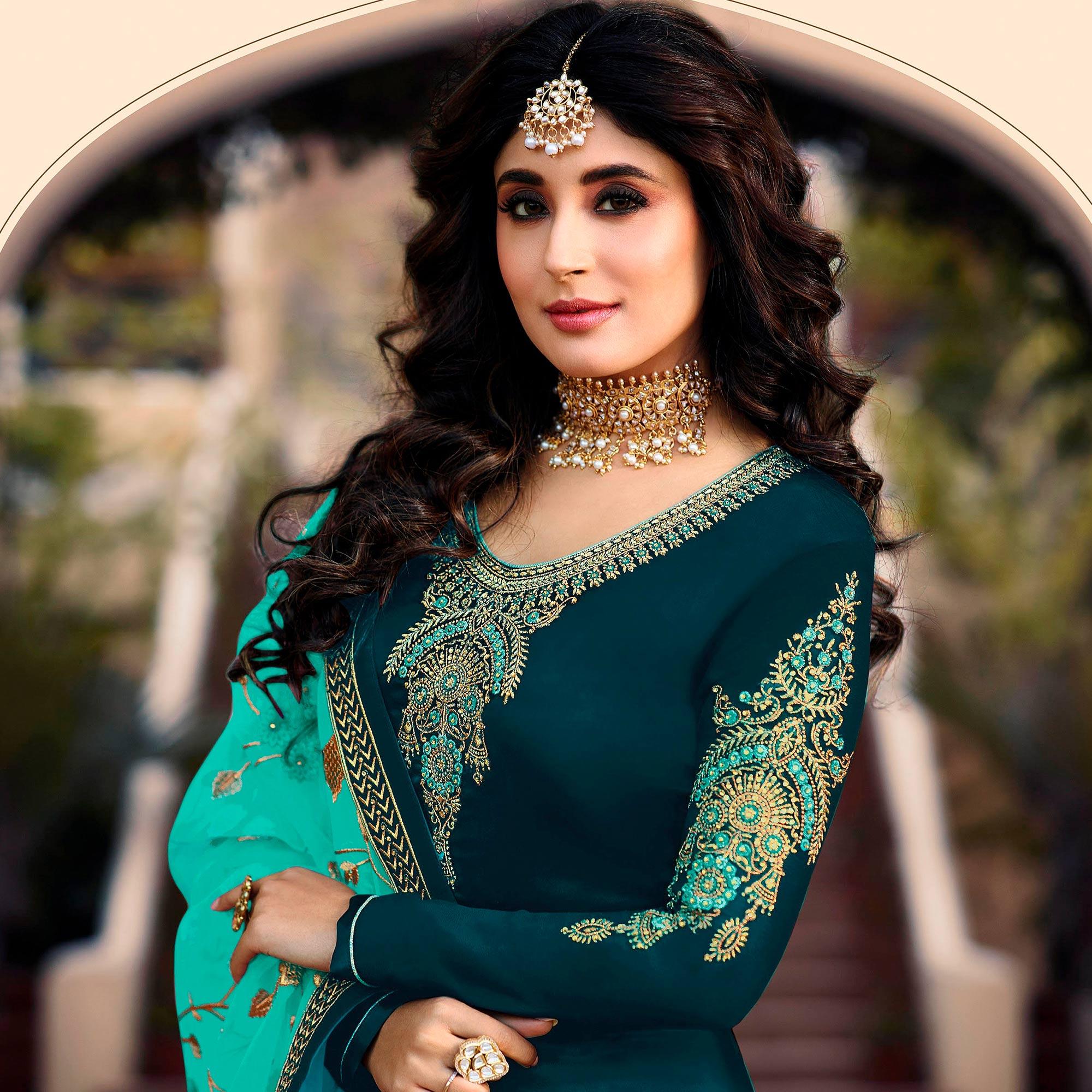 Teal Blue Embroidered Georgette Partywear Suit - Peachmode