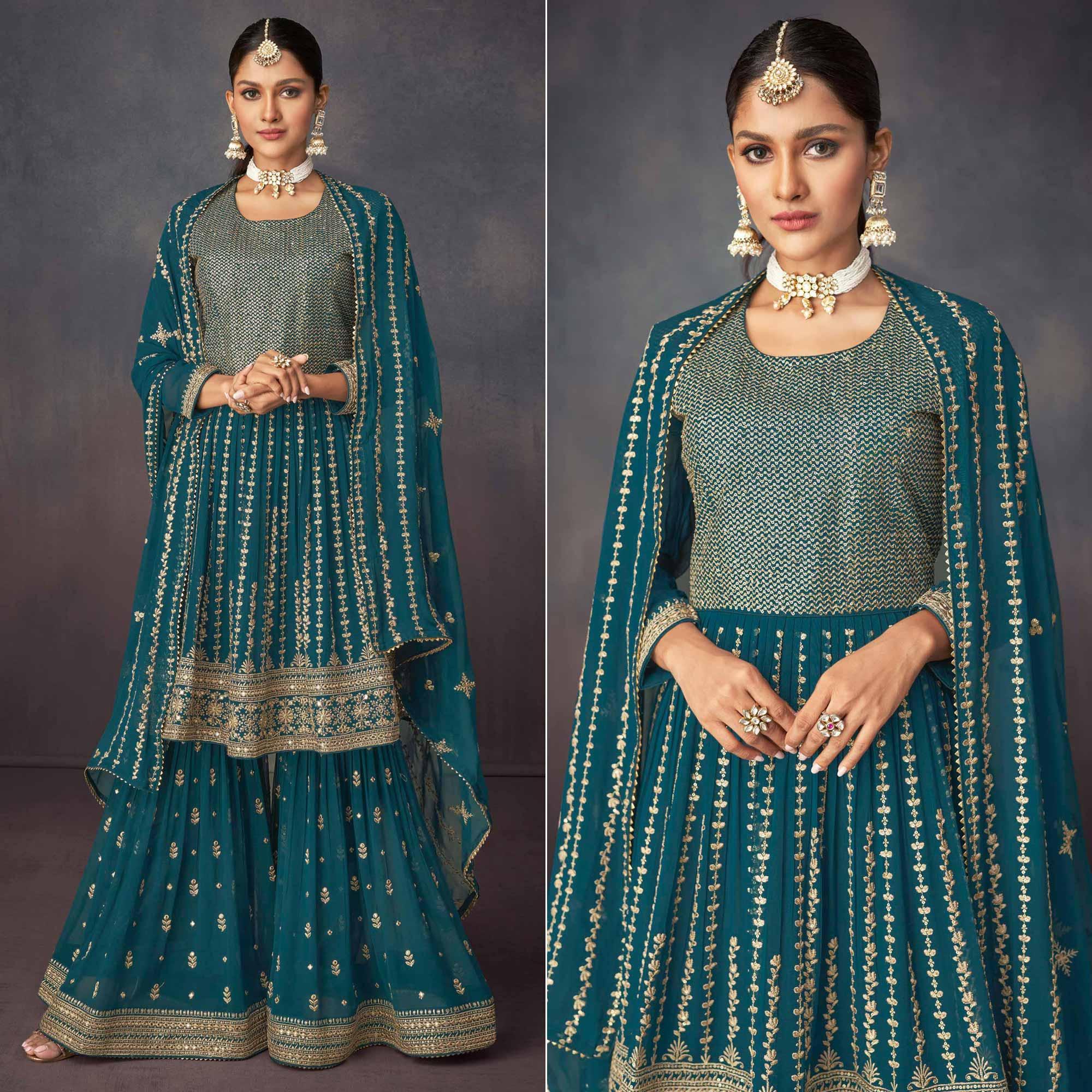 Teal Blue Embroidered Georgette Sharara Suit - Peachmode