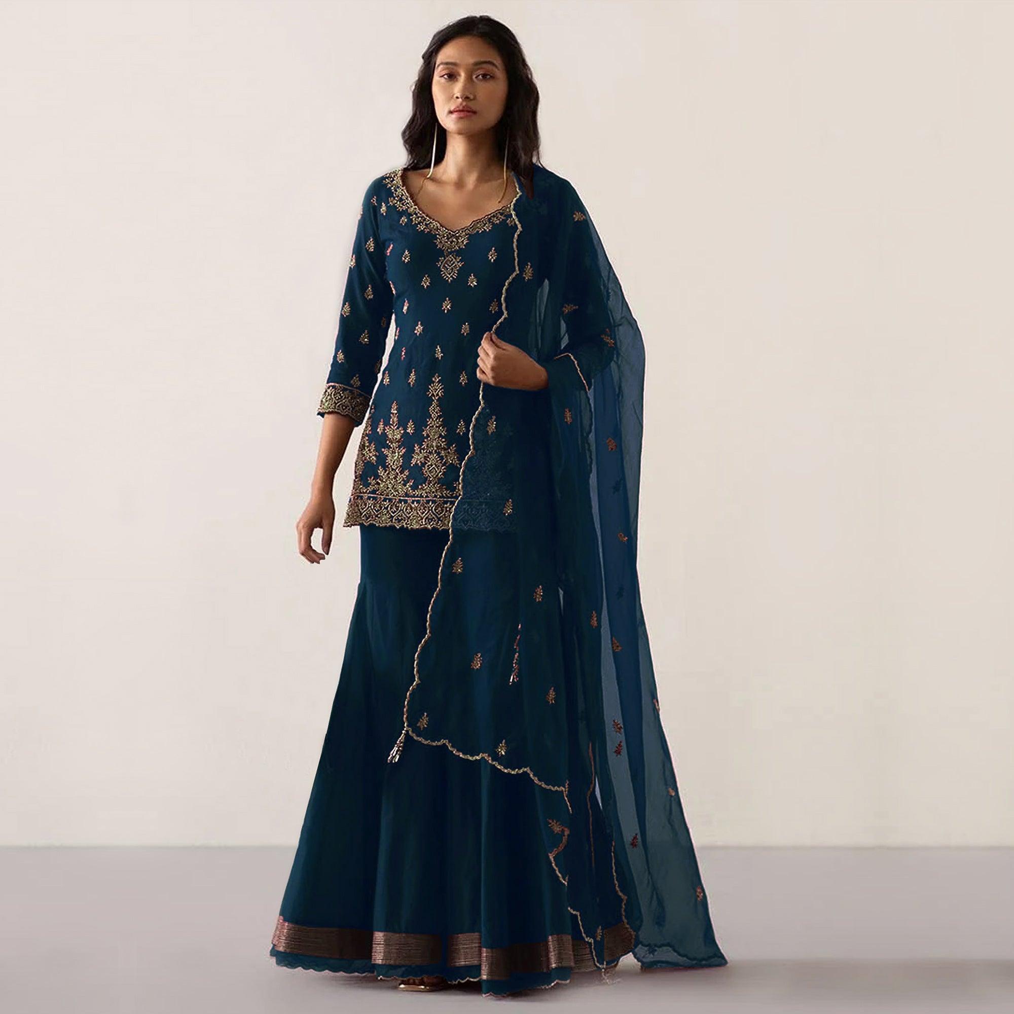 Teal Blue Embroidered Georgette Sharara Suit - Peachmode