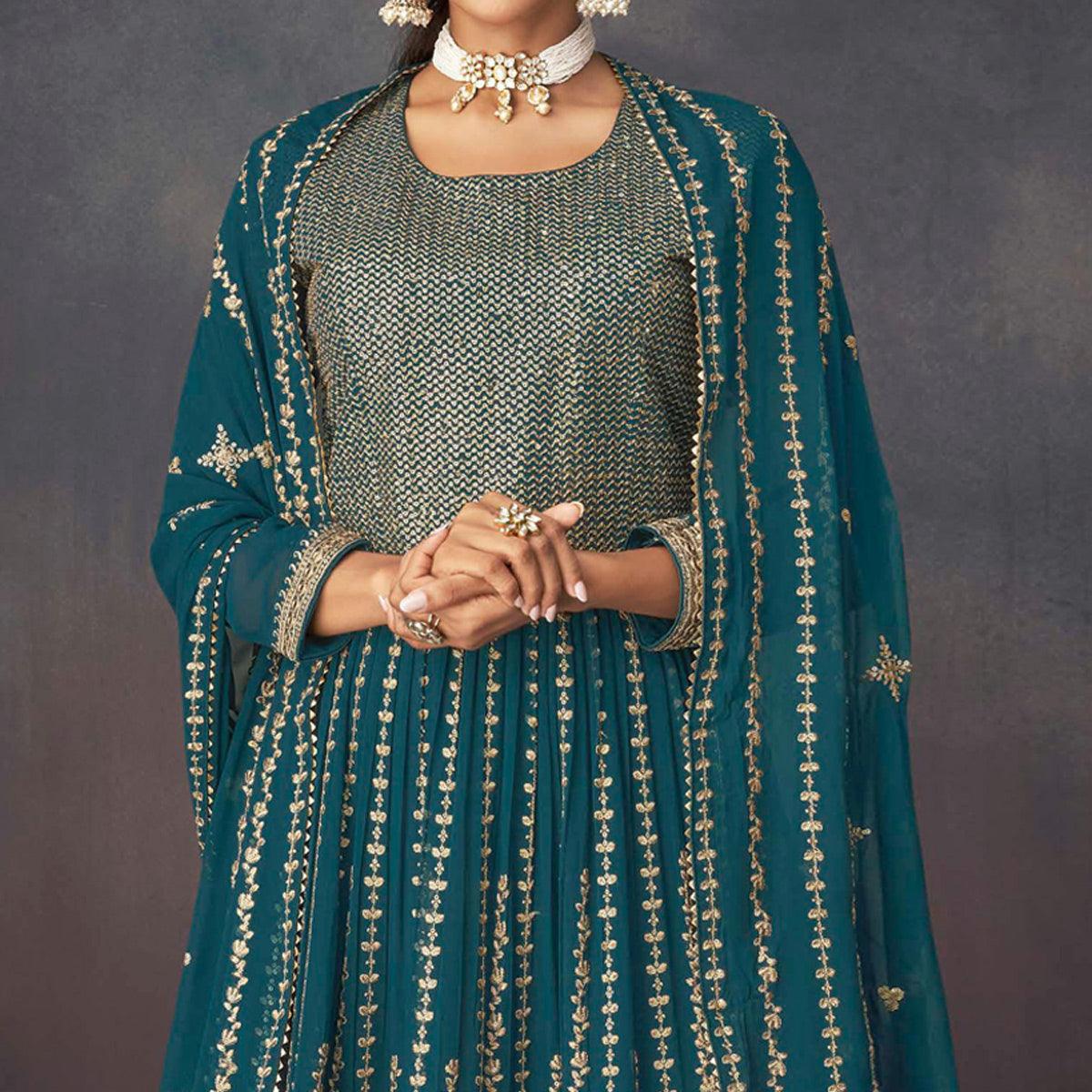 Teal Blue Embroidered Georgette Sharara Suit - Peachmode
