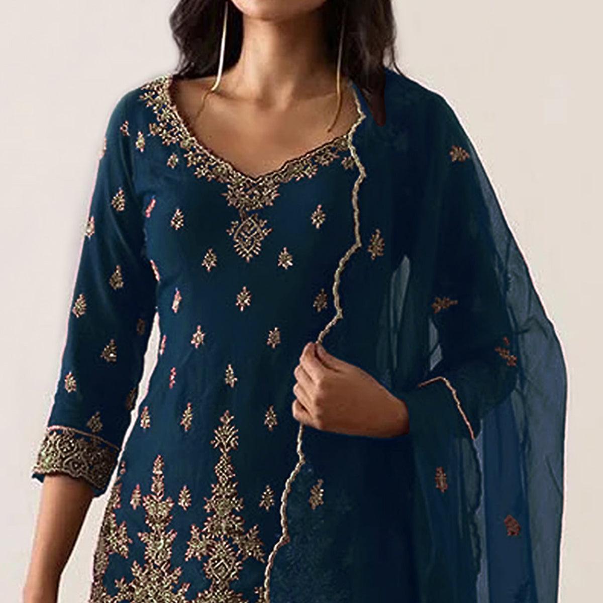 Teal Blue Embroidered Georgette Sharara Suit - Peachmode