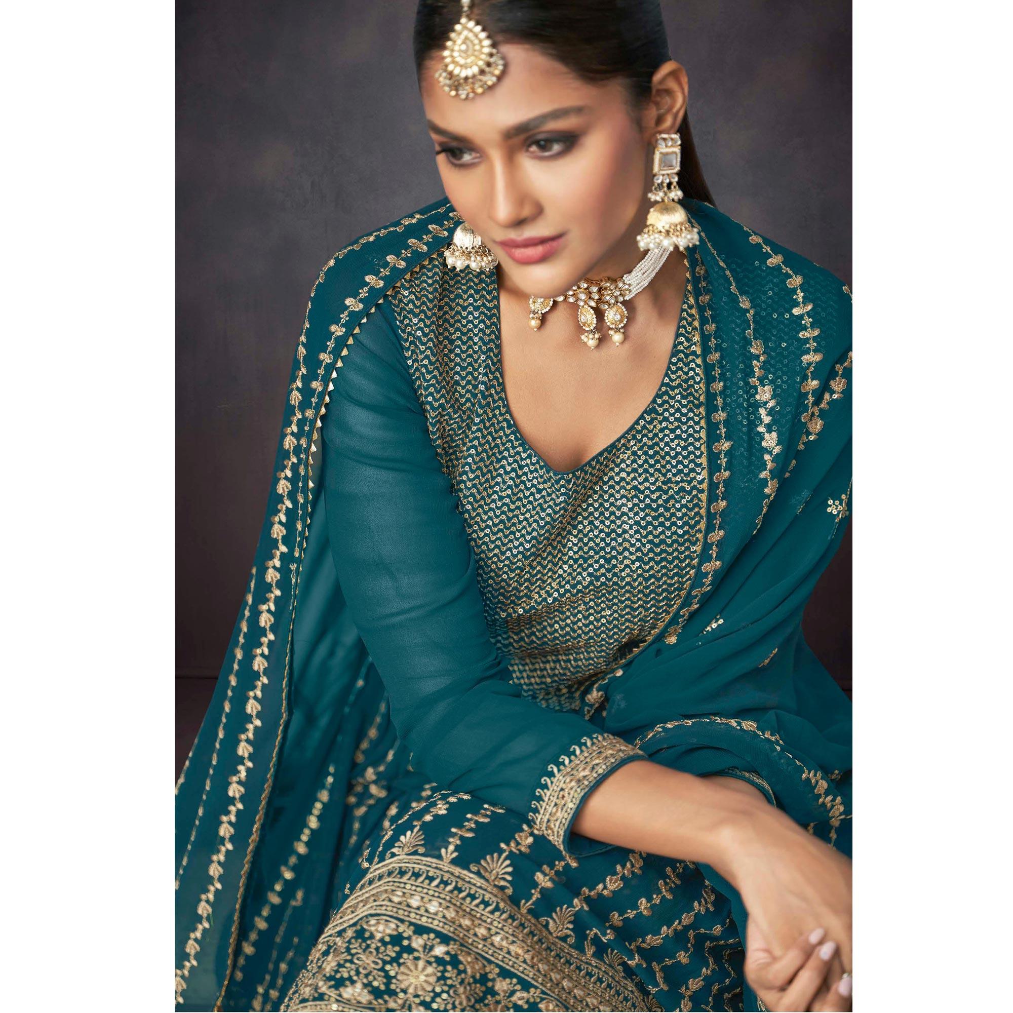Teal Blue Embroidered Georgette Sharara Suit - Peachmode