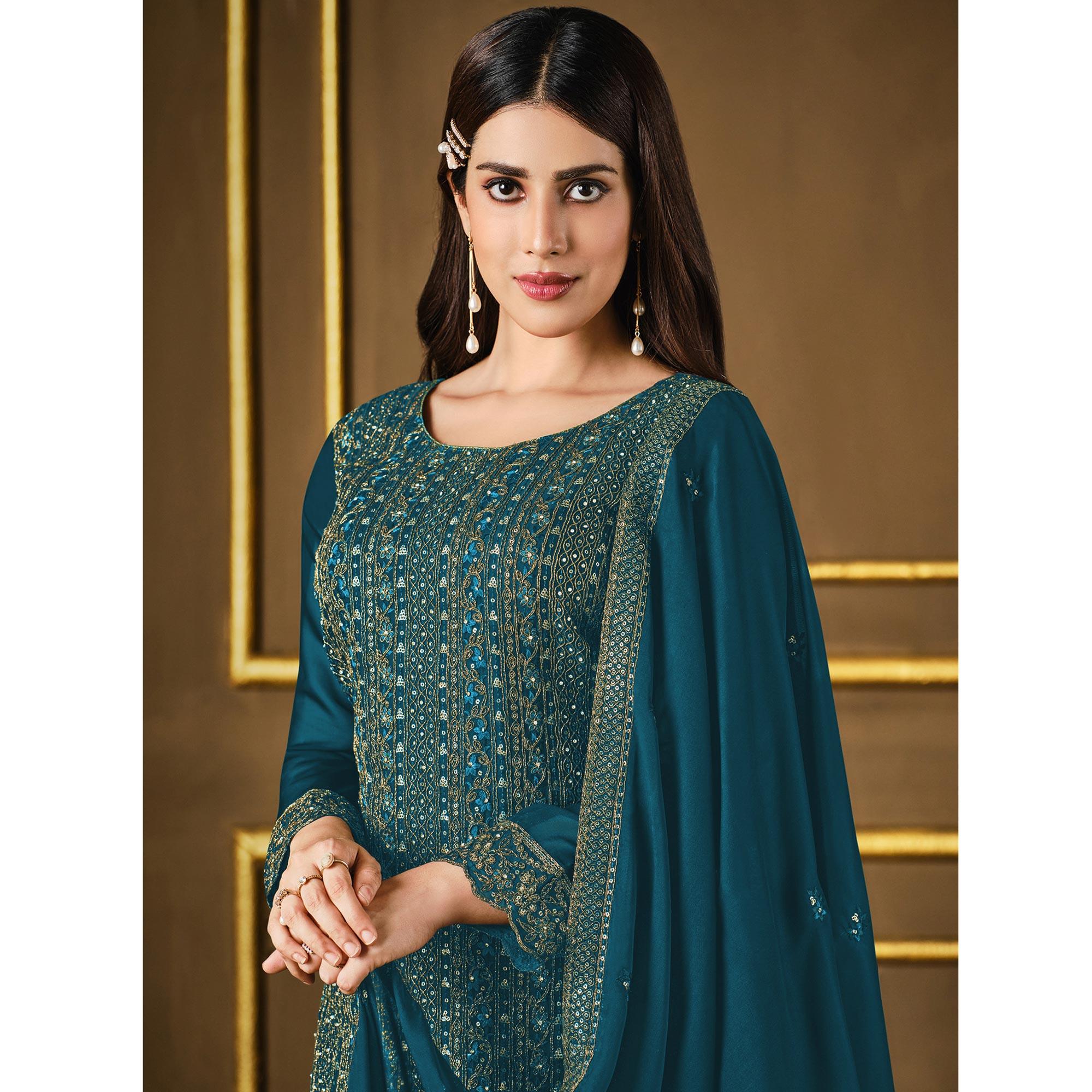 Teal Blue Embroidered Georgette Suit - Peachmode