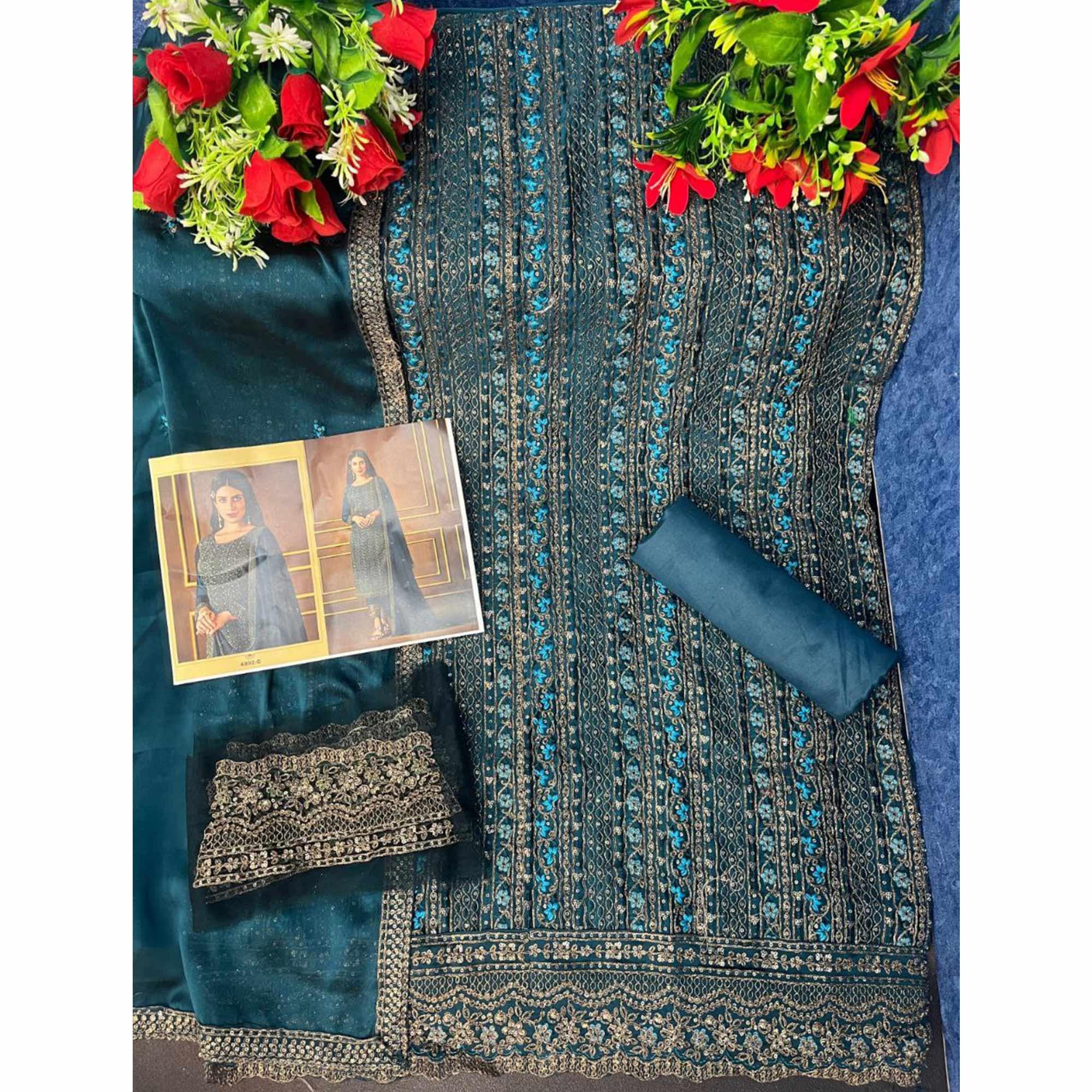 Teal Blue Embroidered Georgette Suit - Peachmode