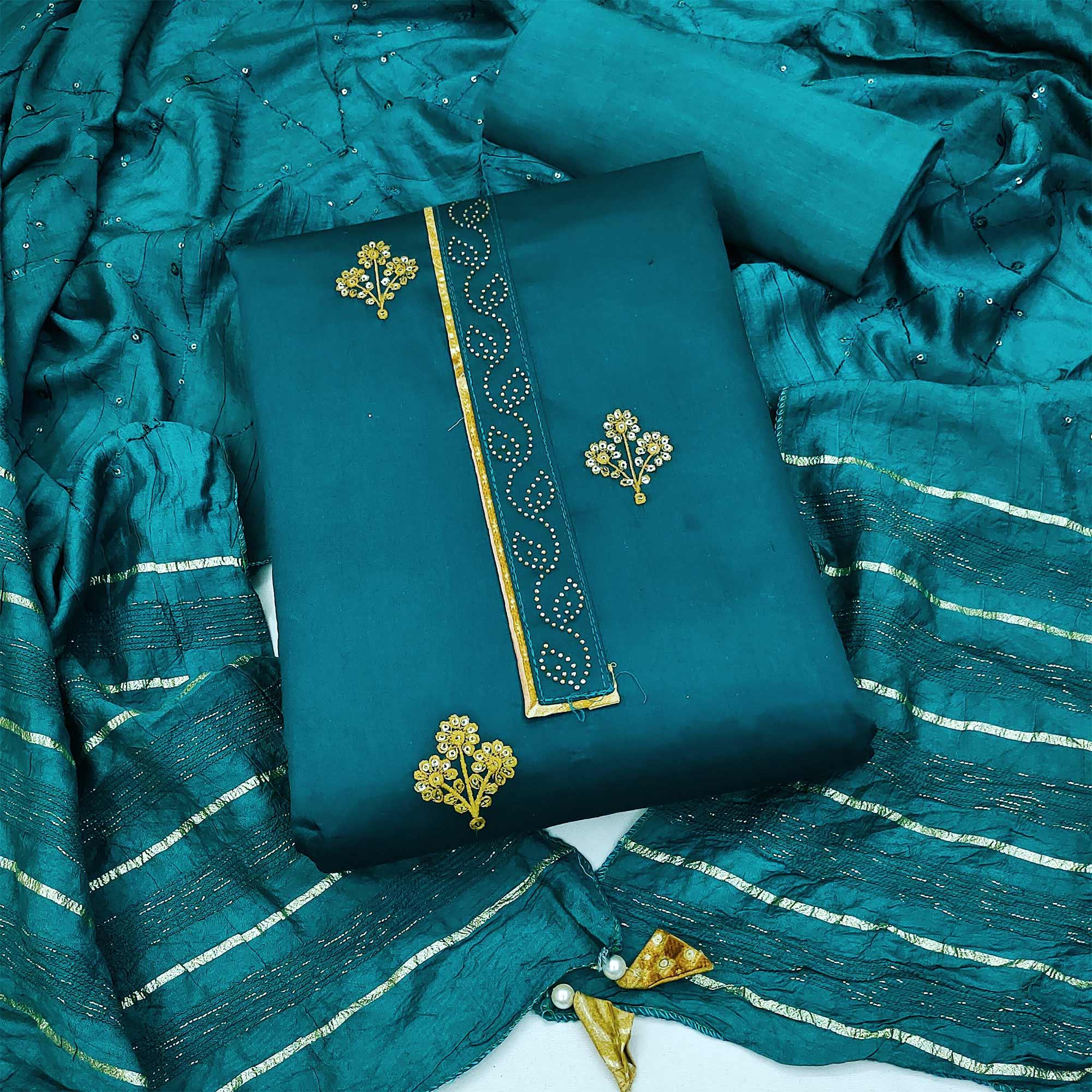 Teal Blue Embroidered Poly Cotton Dress Material - Peachmode