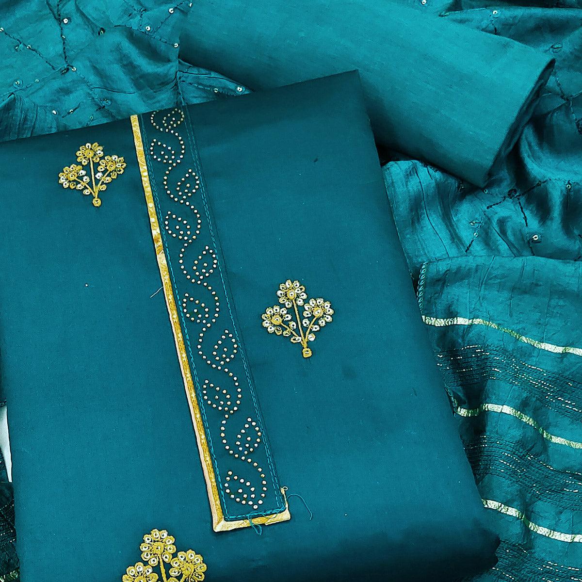 Teal Blue Embroidered Poly Cotton Dress Material - Peachmode