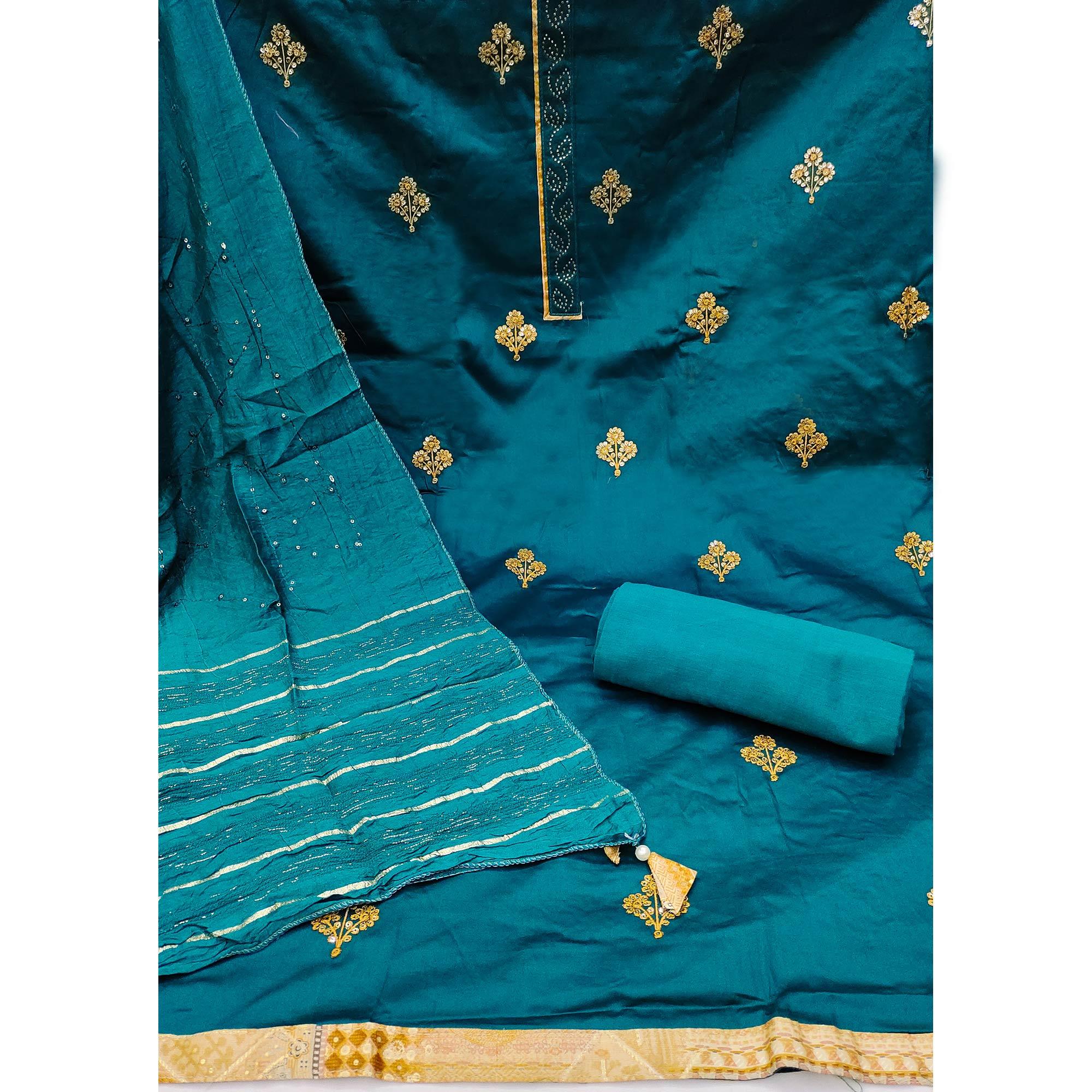 Teal Blue Embroidered Poly Cotton Dress Material - Peachmode