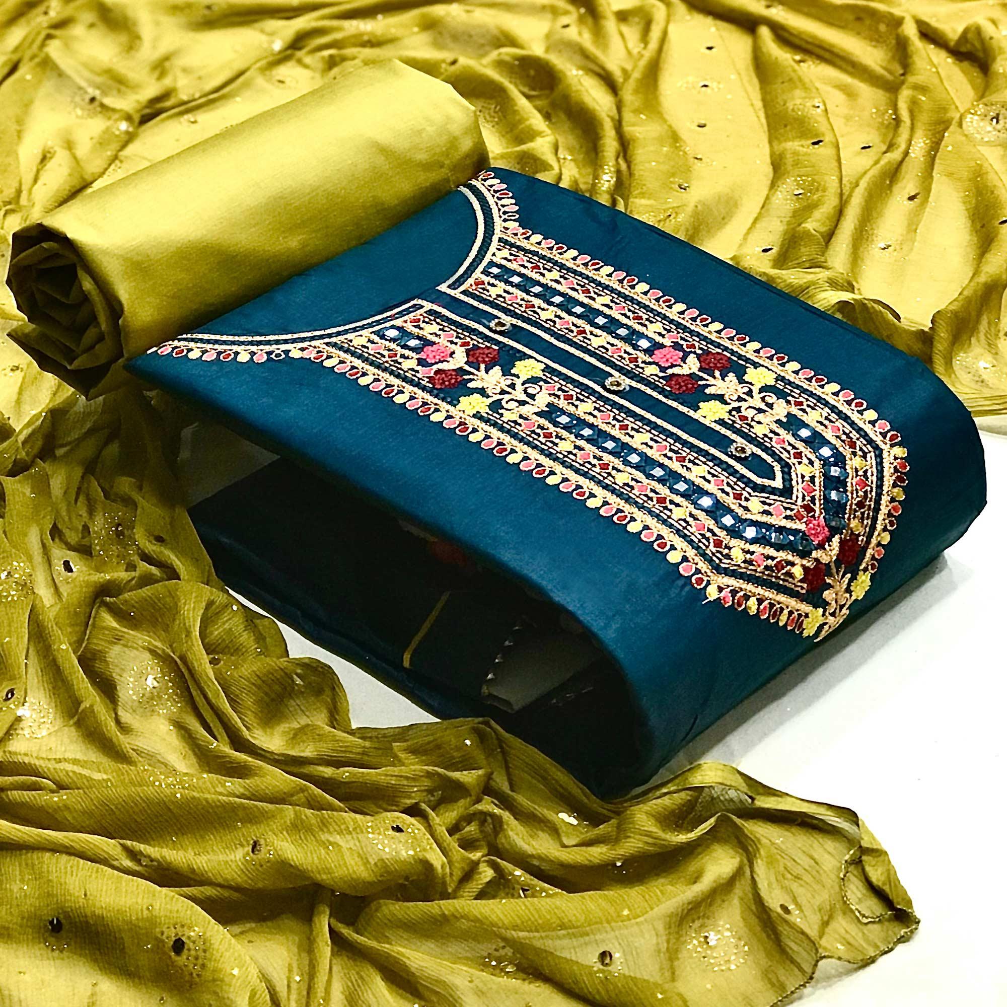 Teal Blue Embroidered Pure Cotton Dress Material - Peachmode