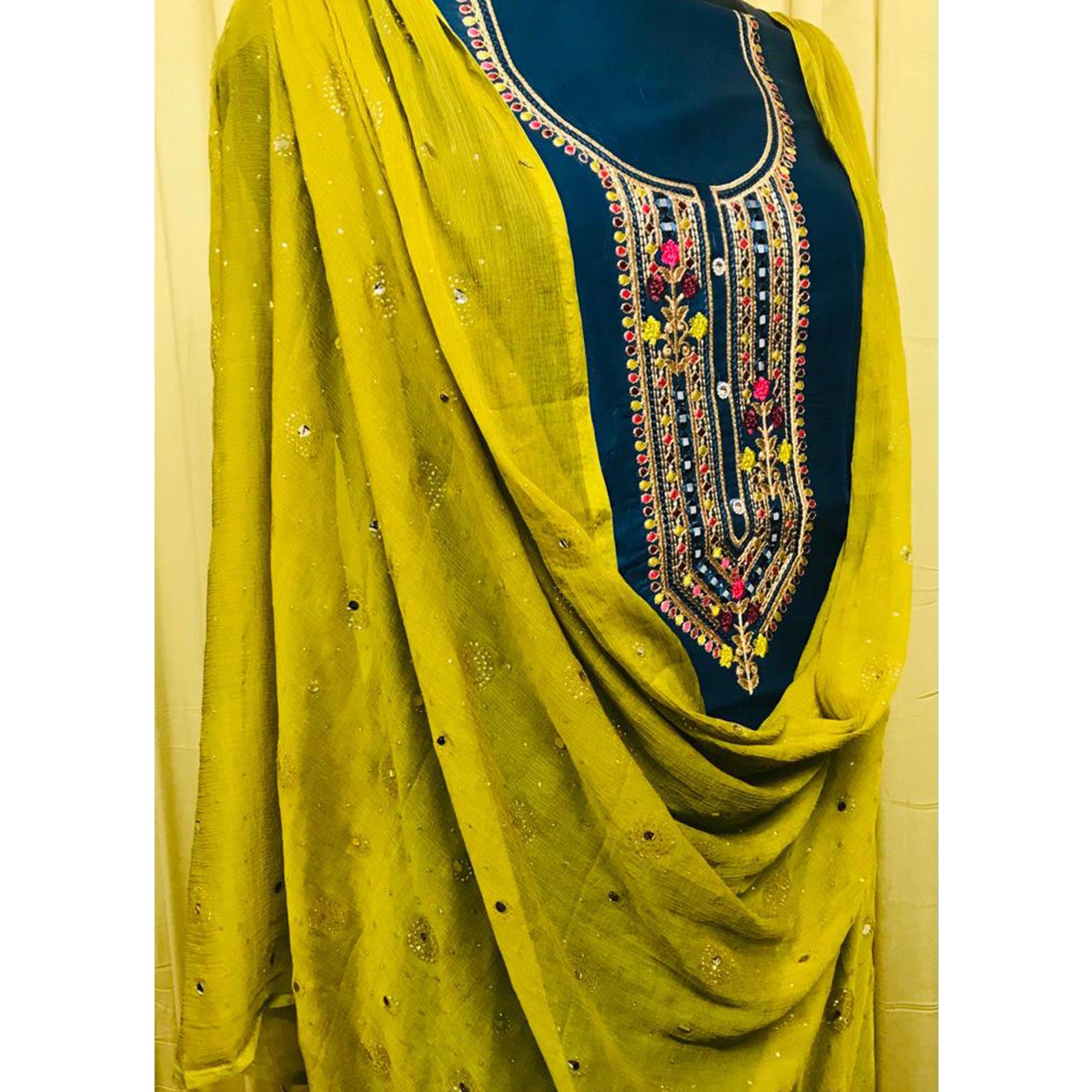 Teal Blue Embroidered Pure Cotton Dress Material - Peachmode