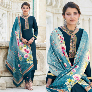 Teal Blue Embroidered Rayon Kurti Pant Set With Dupatta - Peachmode