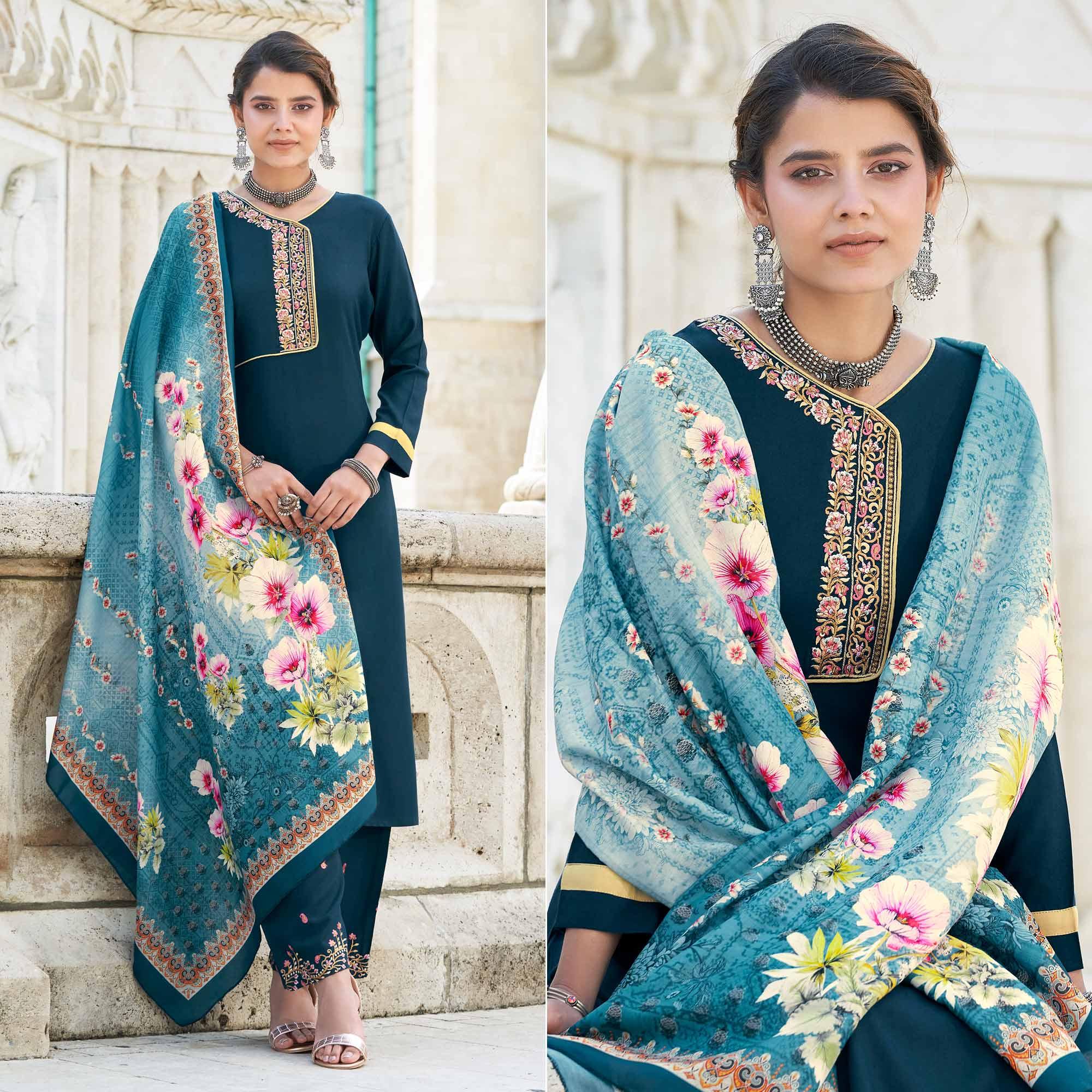 Teal Blue Embroidered Rayon Kurti Pant Set With Dupatta - Peachmode