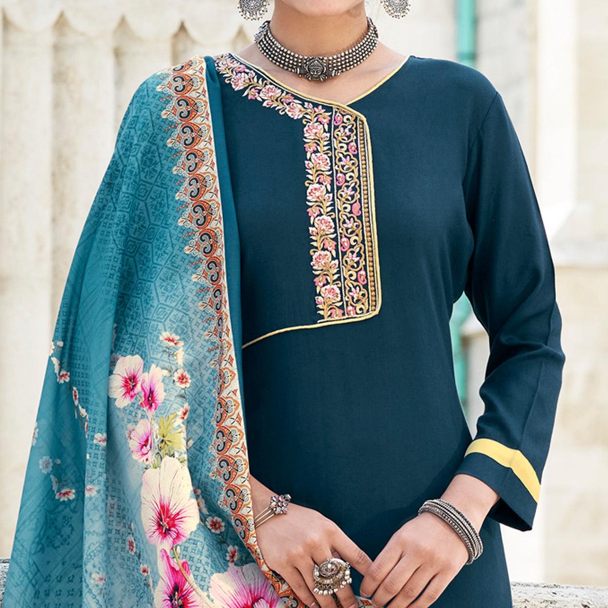 Teal Blue Embroidered Rayon Kurti Pant Set With Dupatta - Peachmode