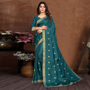 Teal Blue Embroidered Vichitra Silk Saree - Peachmode