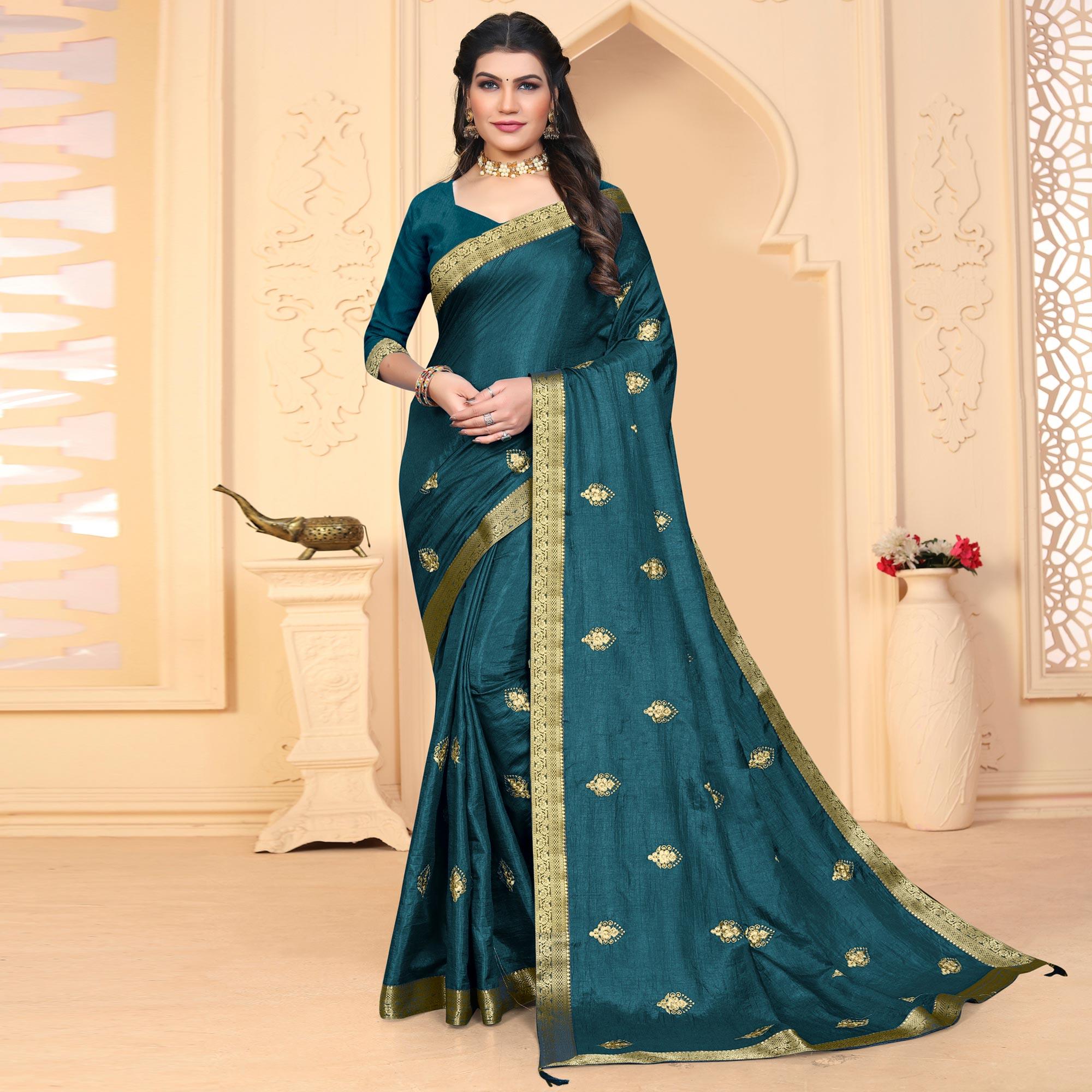 Teal Blue Embroidered Vichitra Silk Saree - Peachmode