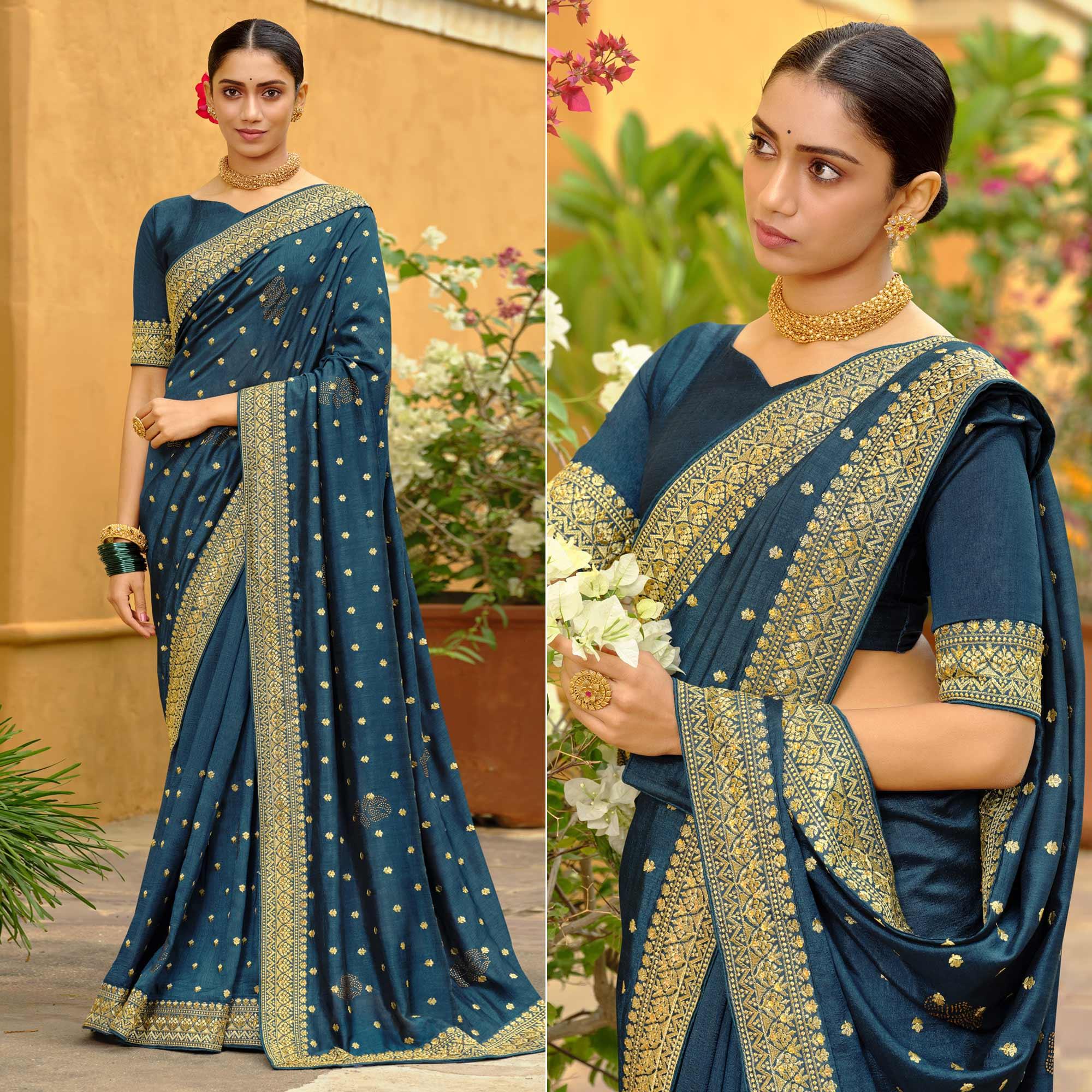 Teal Blue Embroidered Vichitra Silk Saree - Peachmode