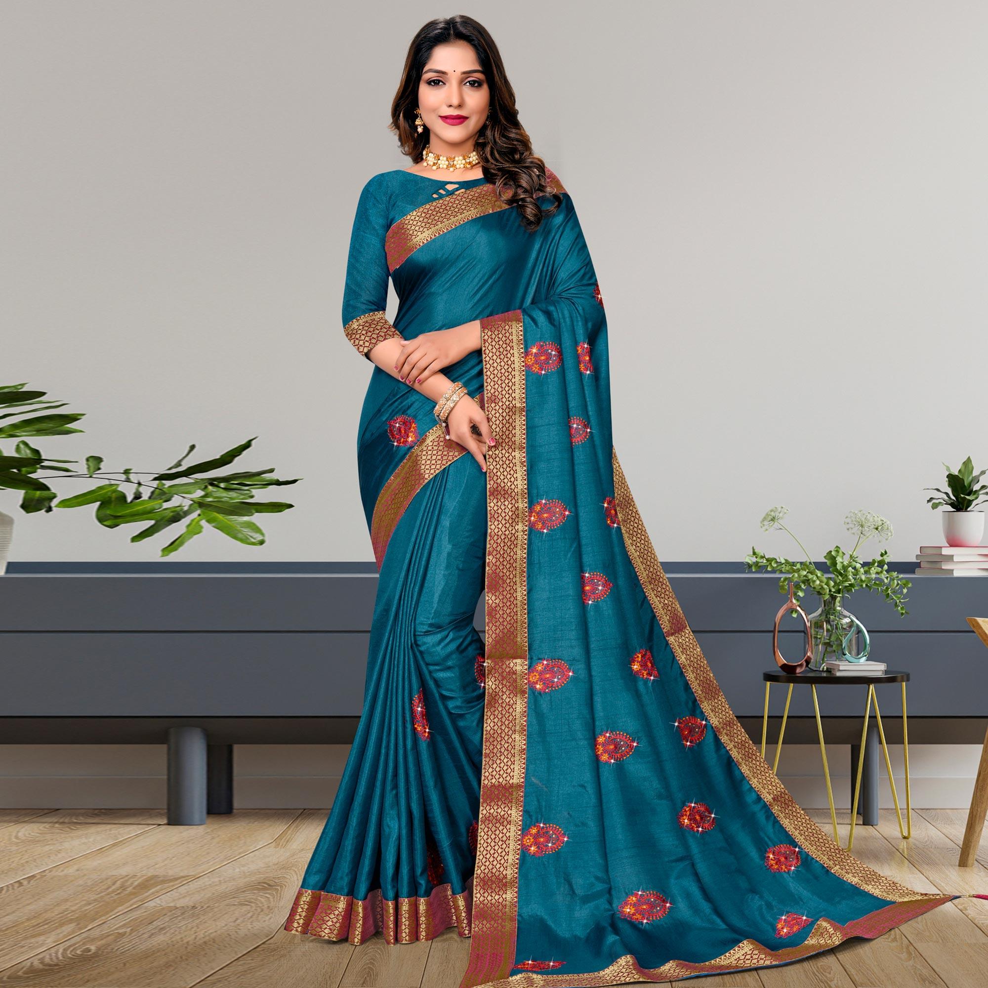 Teal Blue Embroidered Vichitra Silk Saree - Peachmode