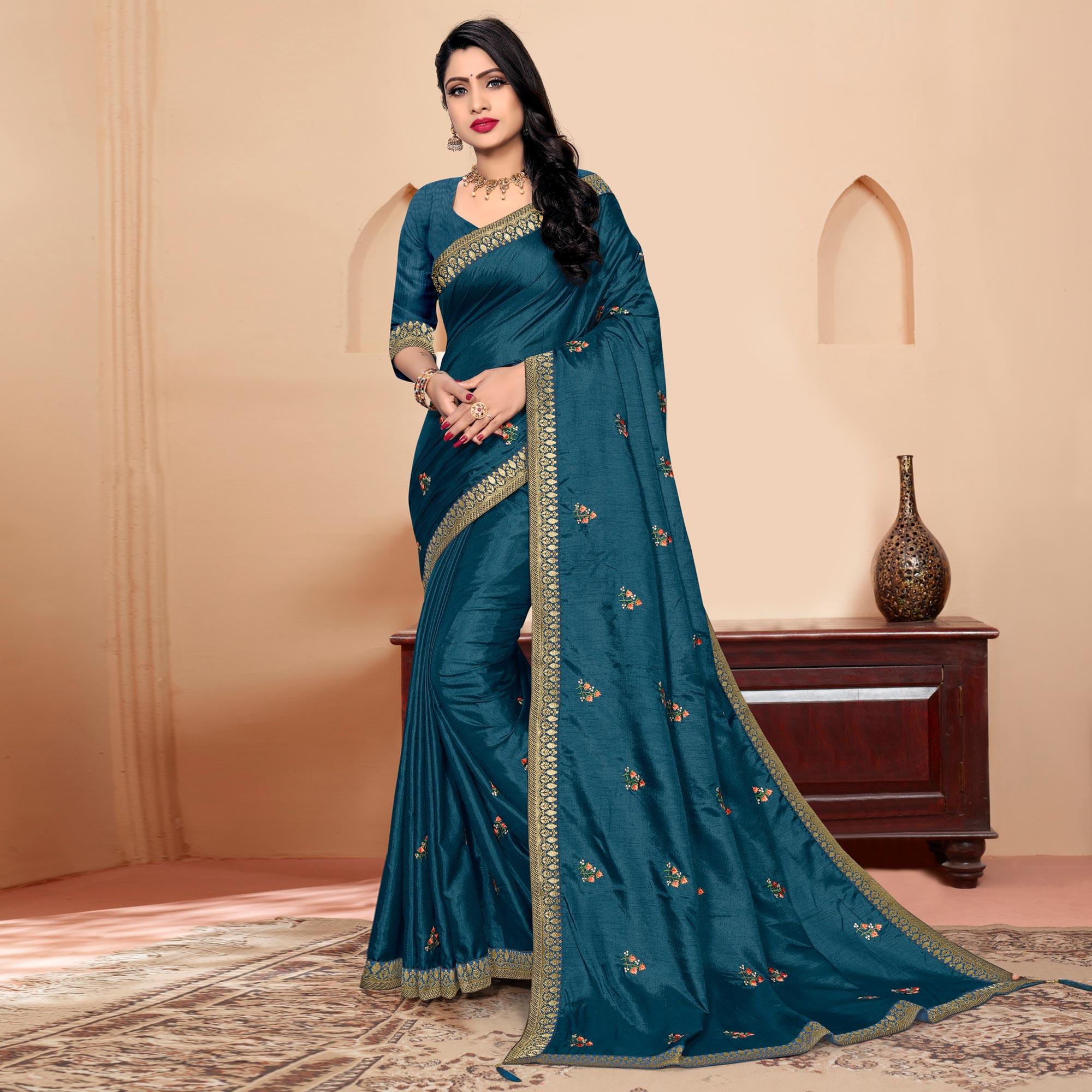 Teal Blue Embroidered Vichitra Silk Saree - Peachmode