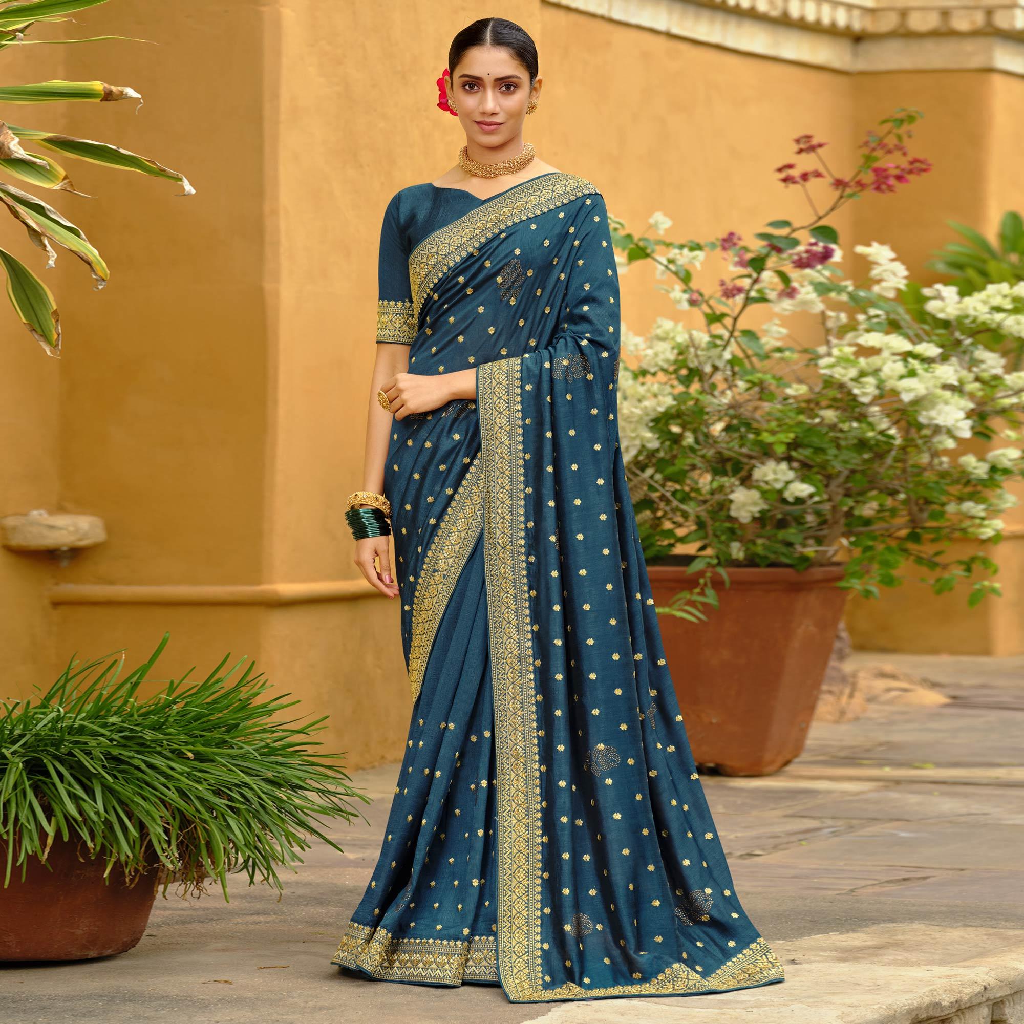 Teal Blue Embroidered Vichitra Silk Saree - Peachmode