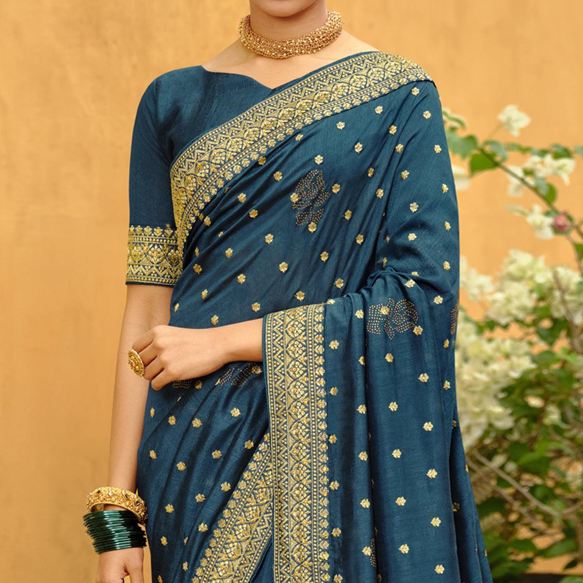 Teal Blue Embroidered Vichitra Silk Saree - Peachmode