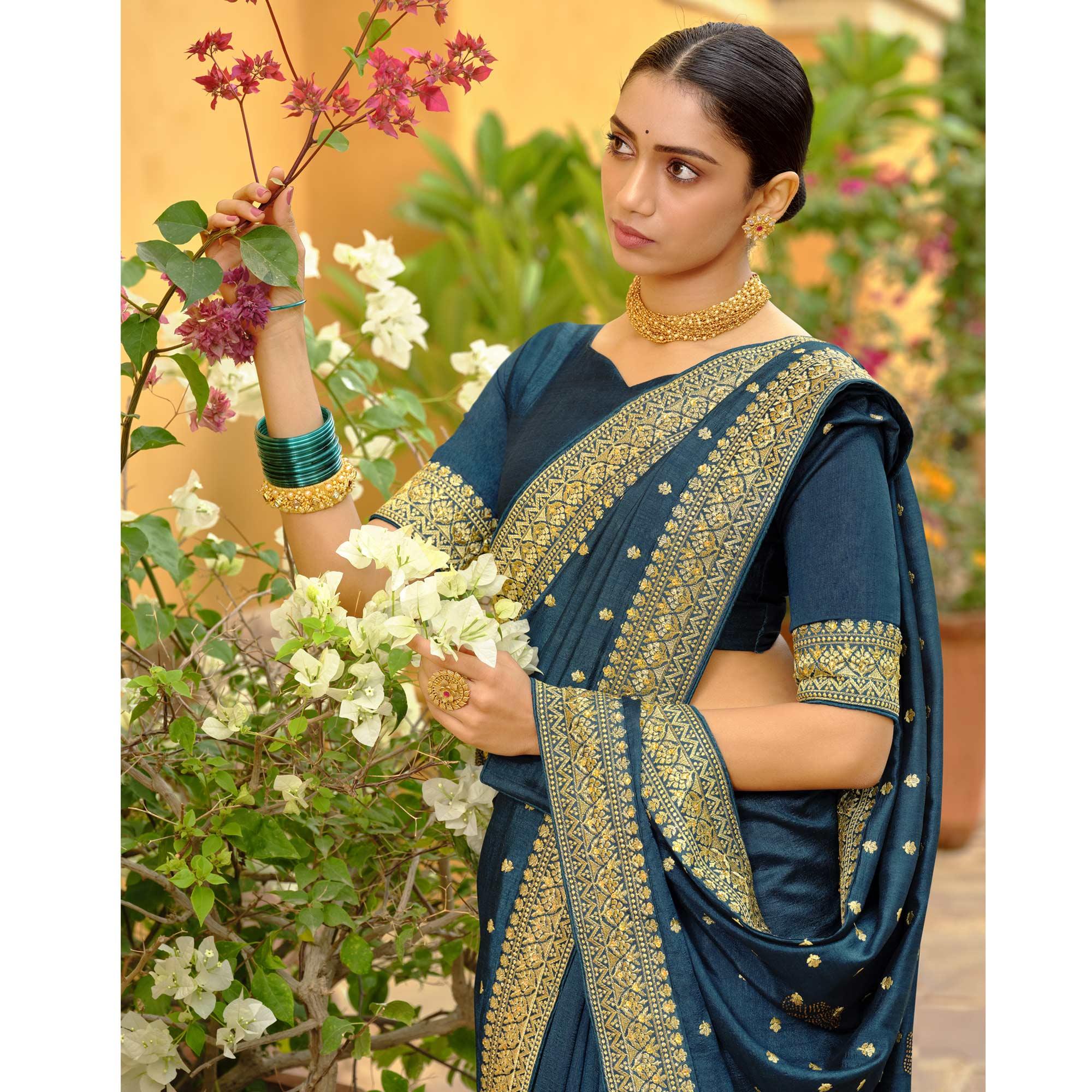 Teal Blue Embroidered Vichitra Silk Saree - Peachmode