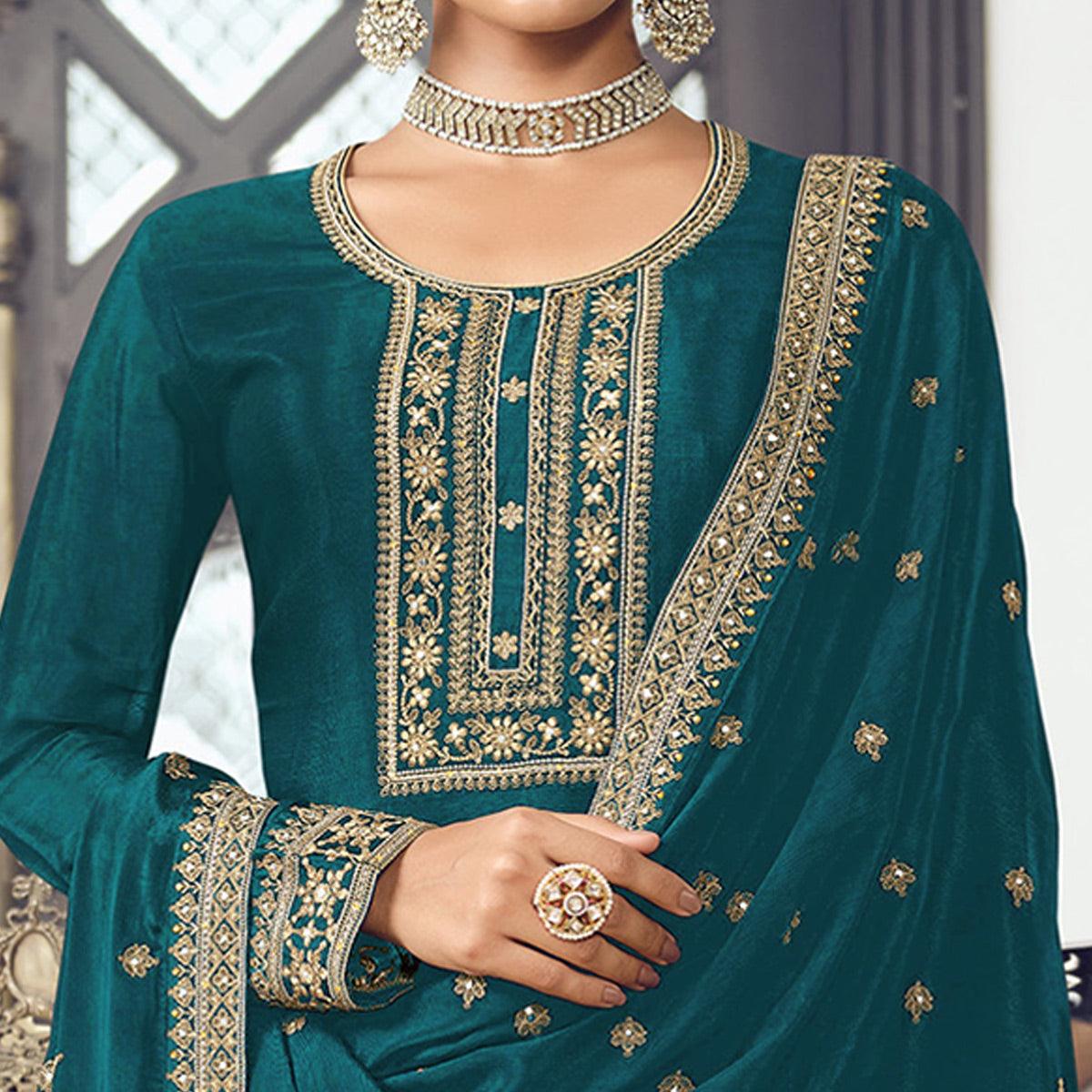 Teal Blue Embroidered With Embellished Dola Silk Palazzo Suit - Peachmode