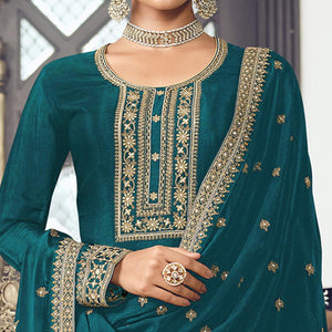 Teal Blue Embroidered With Embellished Dola Silk Palazzo Suit - Peachmode