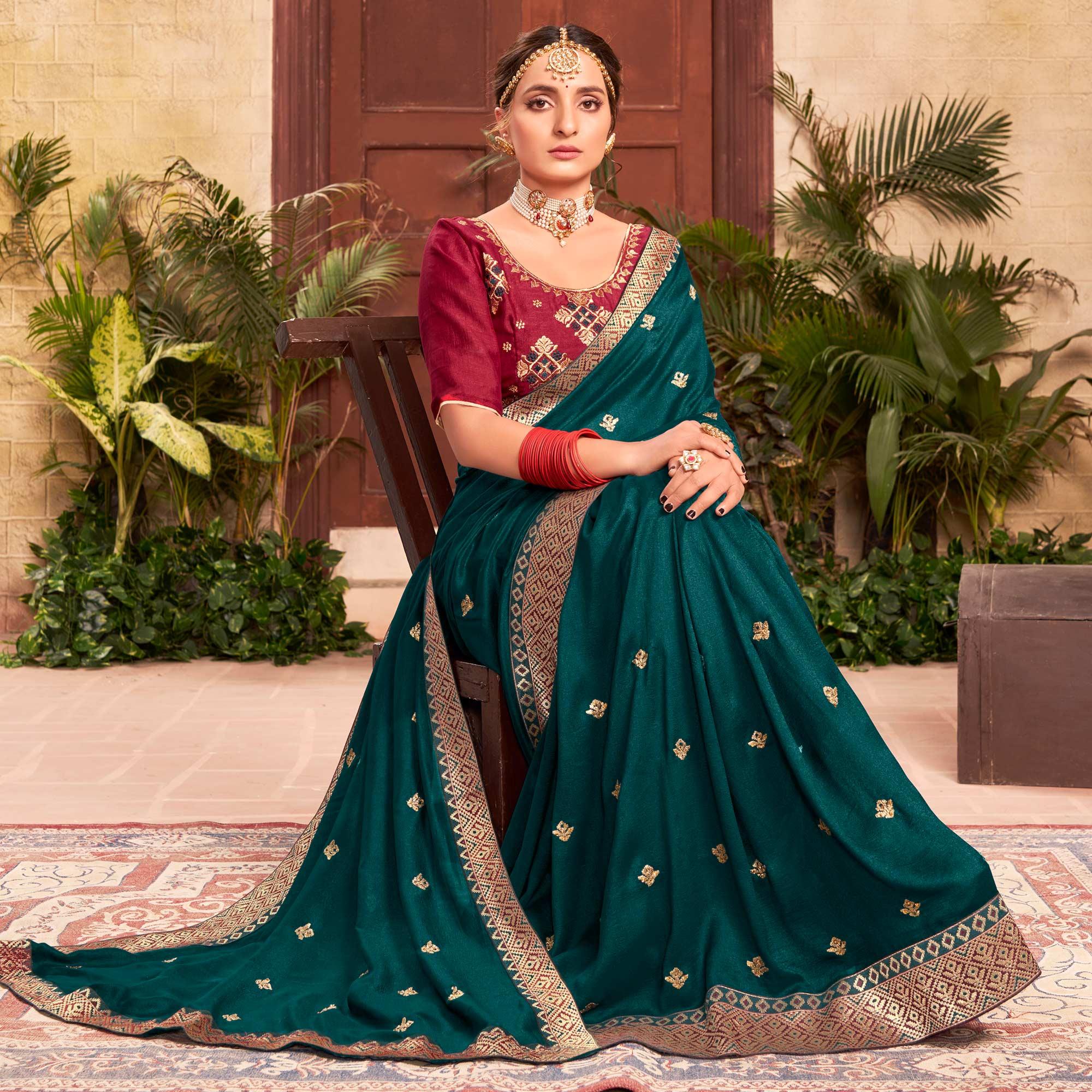 Teal Blue Embroidered With Embellished Vichitra Silk Saree - Peachmode