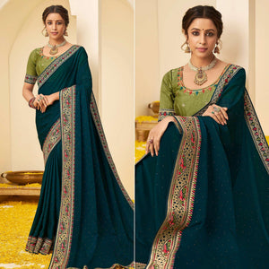 Teal Blue Festive Wear Embellished Chiffon Saree With Heavy Lace - Peachmode