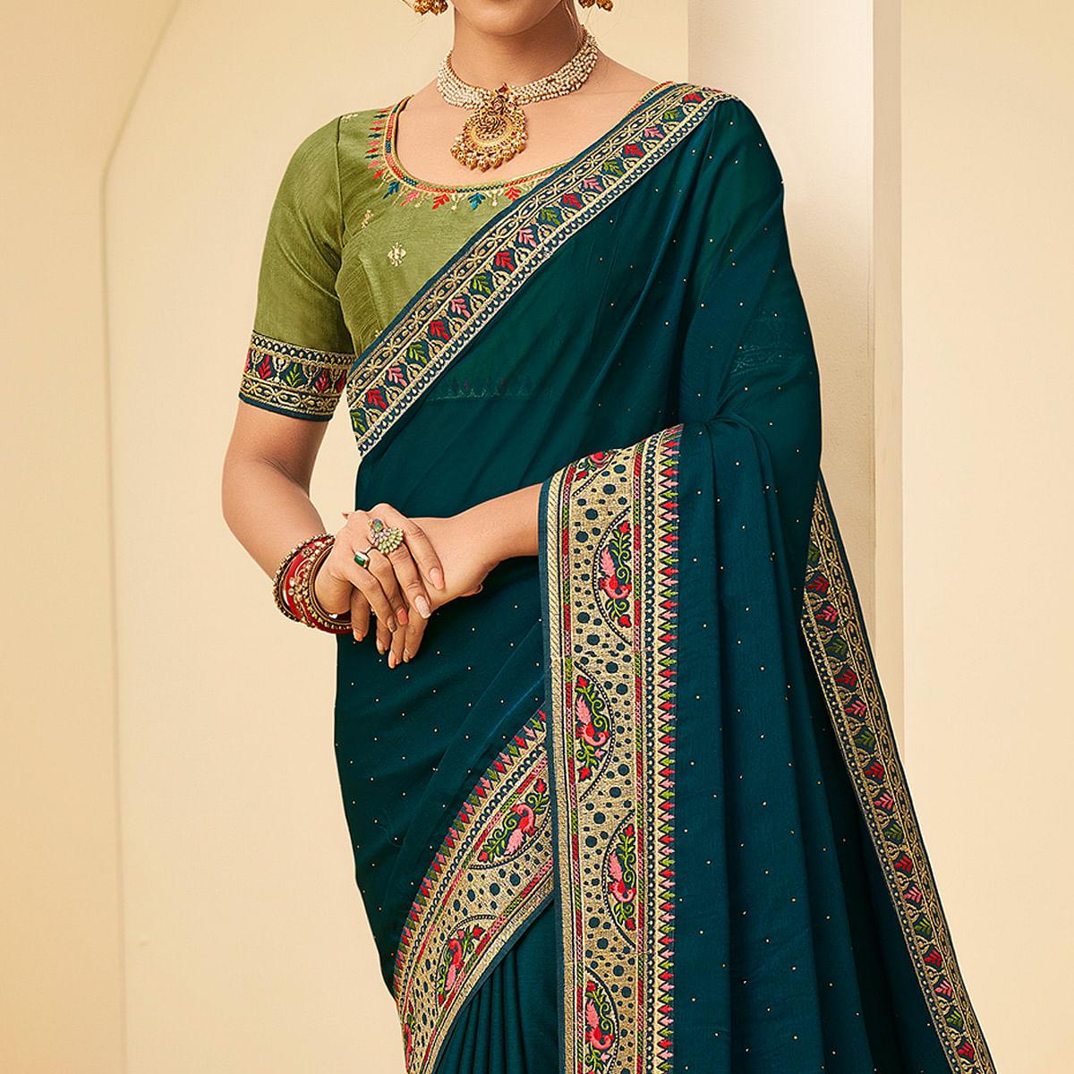 Teal Blue Festive Wear Embellished Chiffon Saree With Heavy Lace - Peachmode