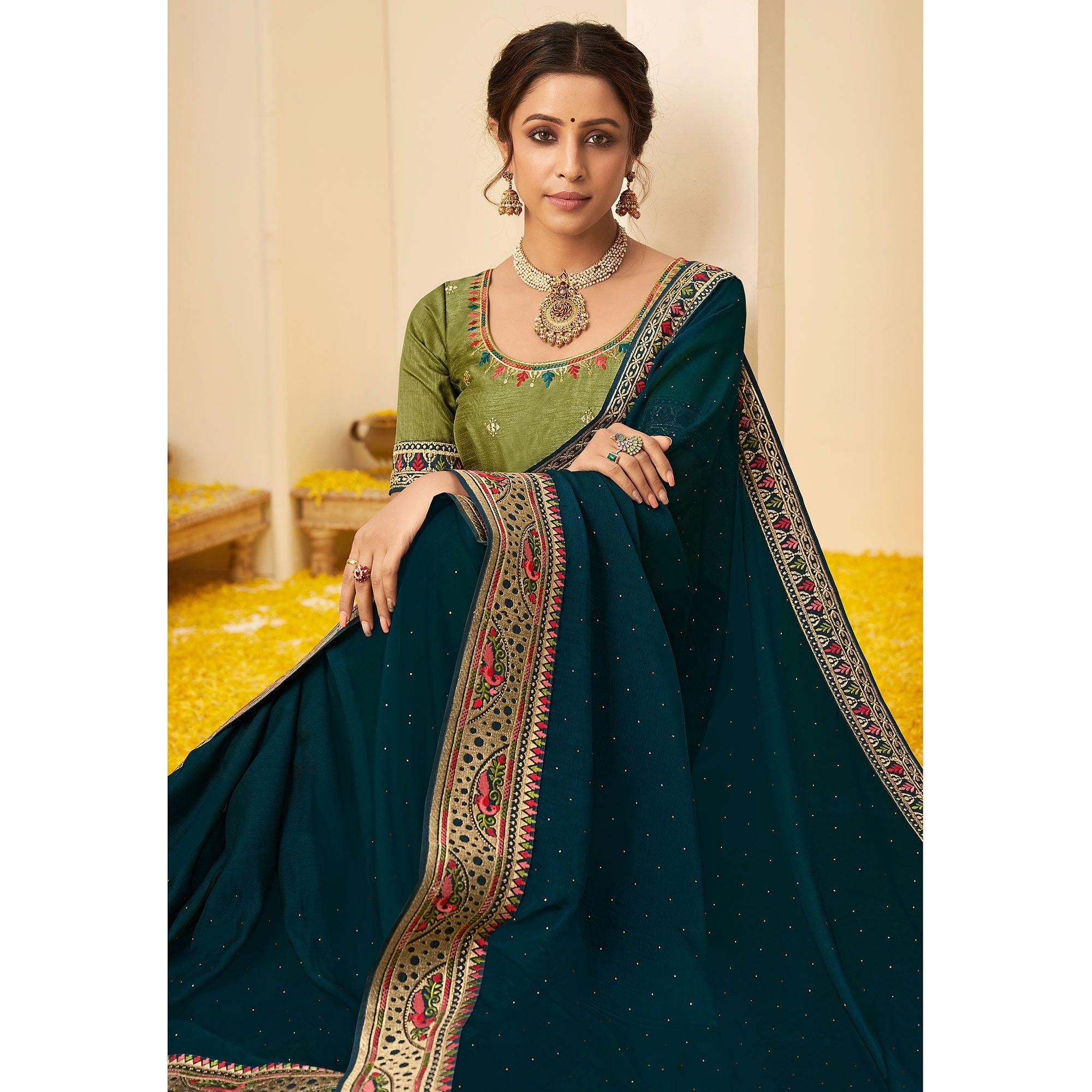 Teal Blue Festive Wear Embellished Chiffon Saree With Heavy Lace - Peachmode