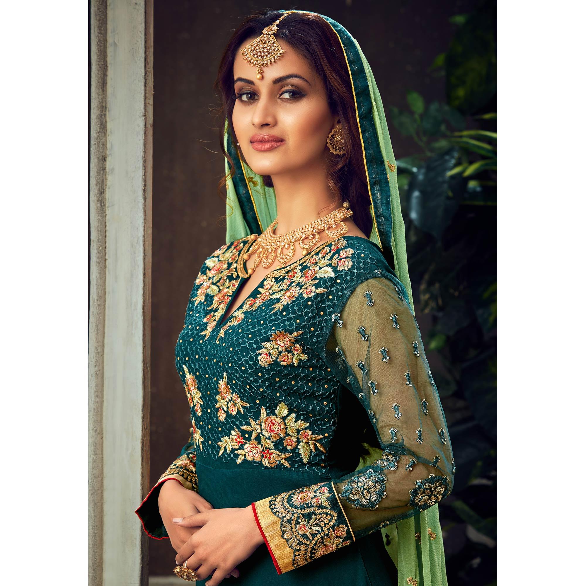 Teal Blue Festive Wear Floral Embroidered Pure Georgette Suit - Peachmode
