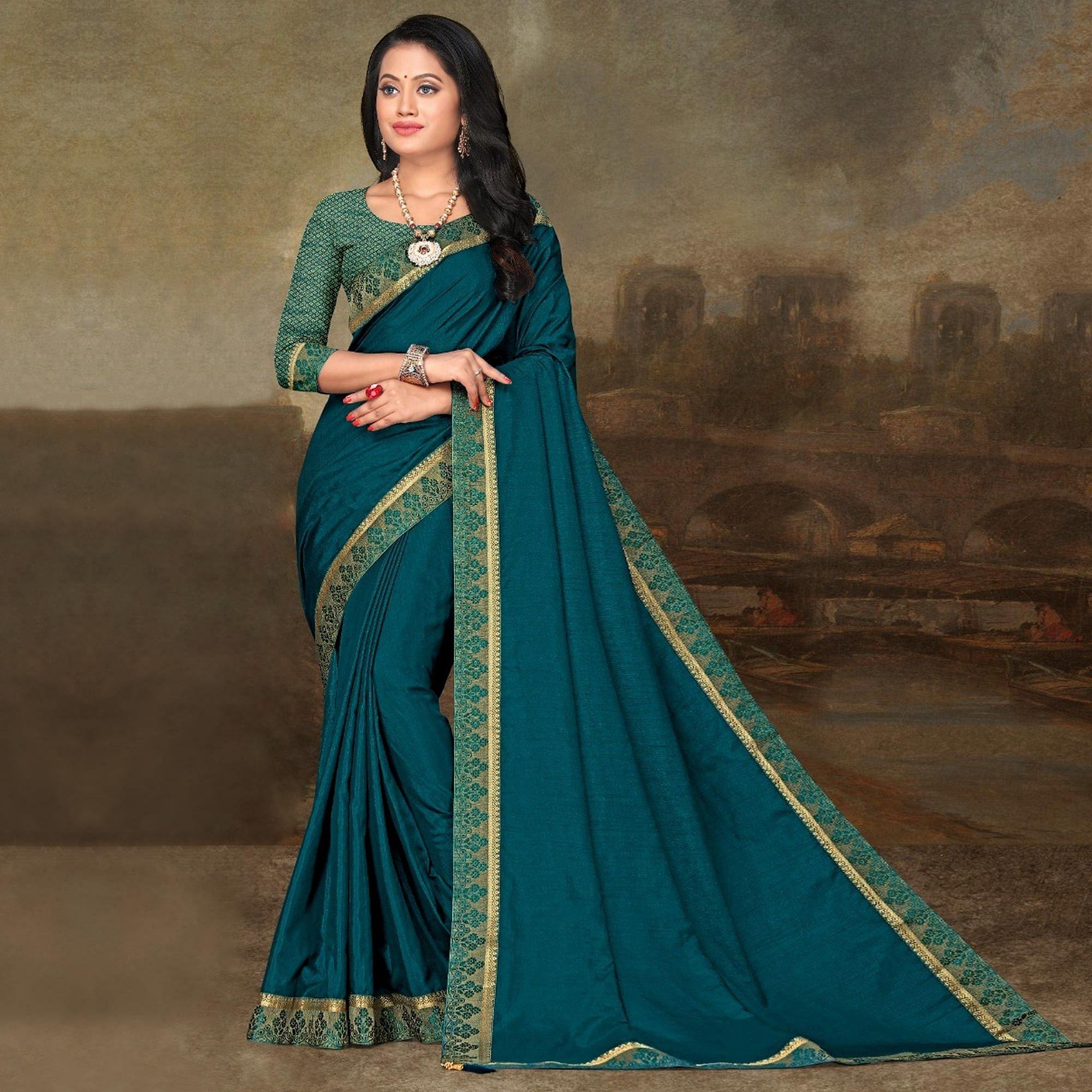 Teal Blue Festive Wear Lace Work Silk Saree - Peachmode